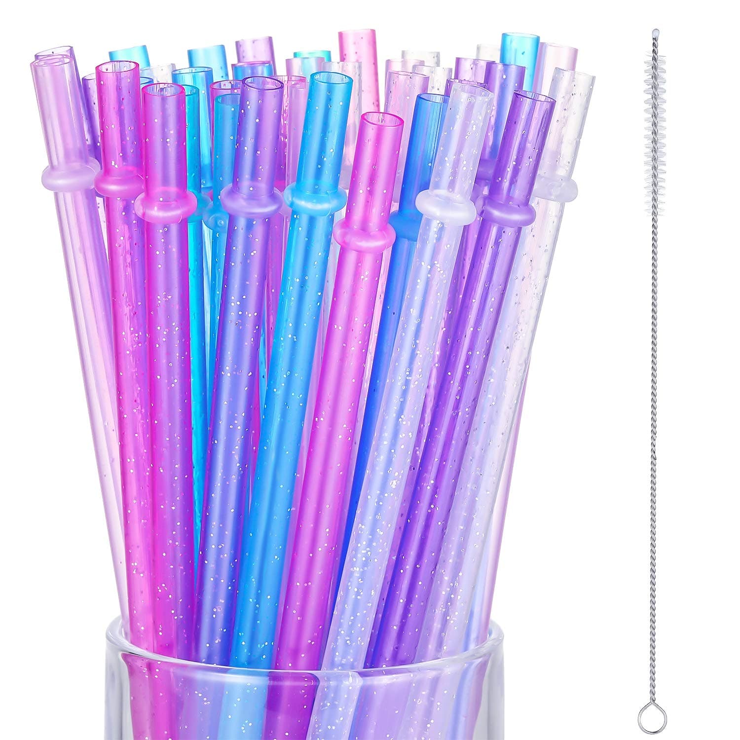 50 Pieces Glitter Reusable Straws Plastic 9 Inch Clear Drinking Straws Hard Plastic for 16 oz 20 oz Stanley with Cleaning Brush, 6 Colors