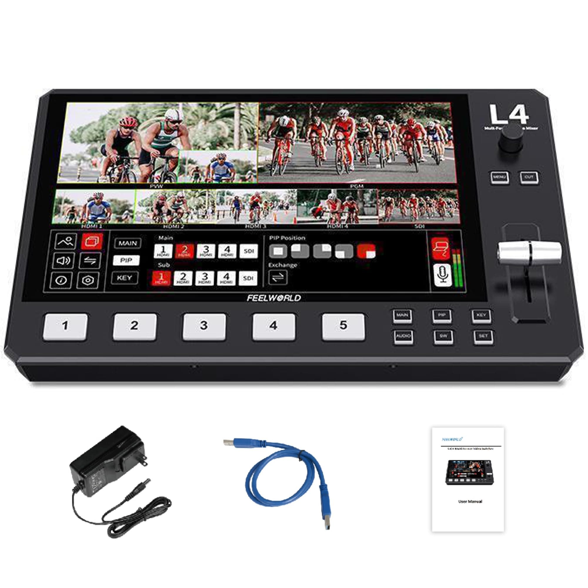 L4 Switcher 10.1 Inch Touch Screen Multi-Camera Video Mixer Switcher,4xHDMI,SDI,Audio Input/Output,App/PTZ Control,USB3.0 Fast Streaming,Built-in Cooler,13 Transitions