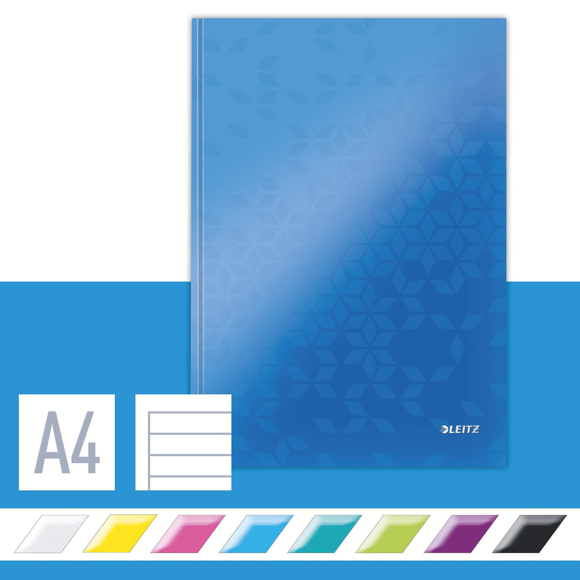 Leitz A4 Hard Cover Notebook, Blue (80 Sheets, Ruled, 90 GSM Ivory Paper, Wow Range)