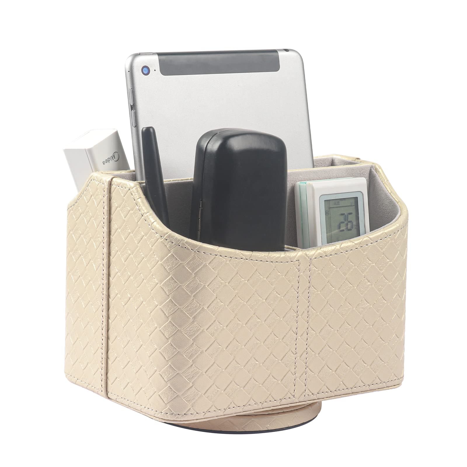 WAYIFON Rotatable Remote Control Holder,Nightstand TV Remote Caddy,Office Desk Organizer,Spinning Storage Box for Pen,Phone,Media Player Controllers,Woven Gold