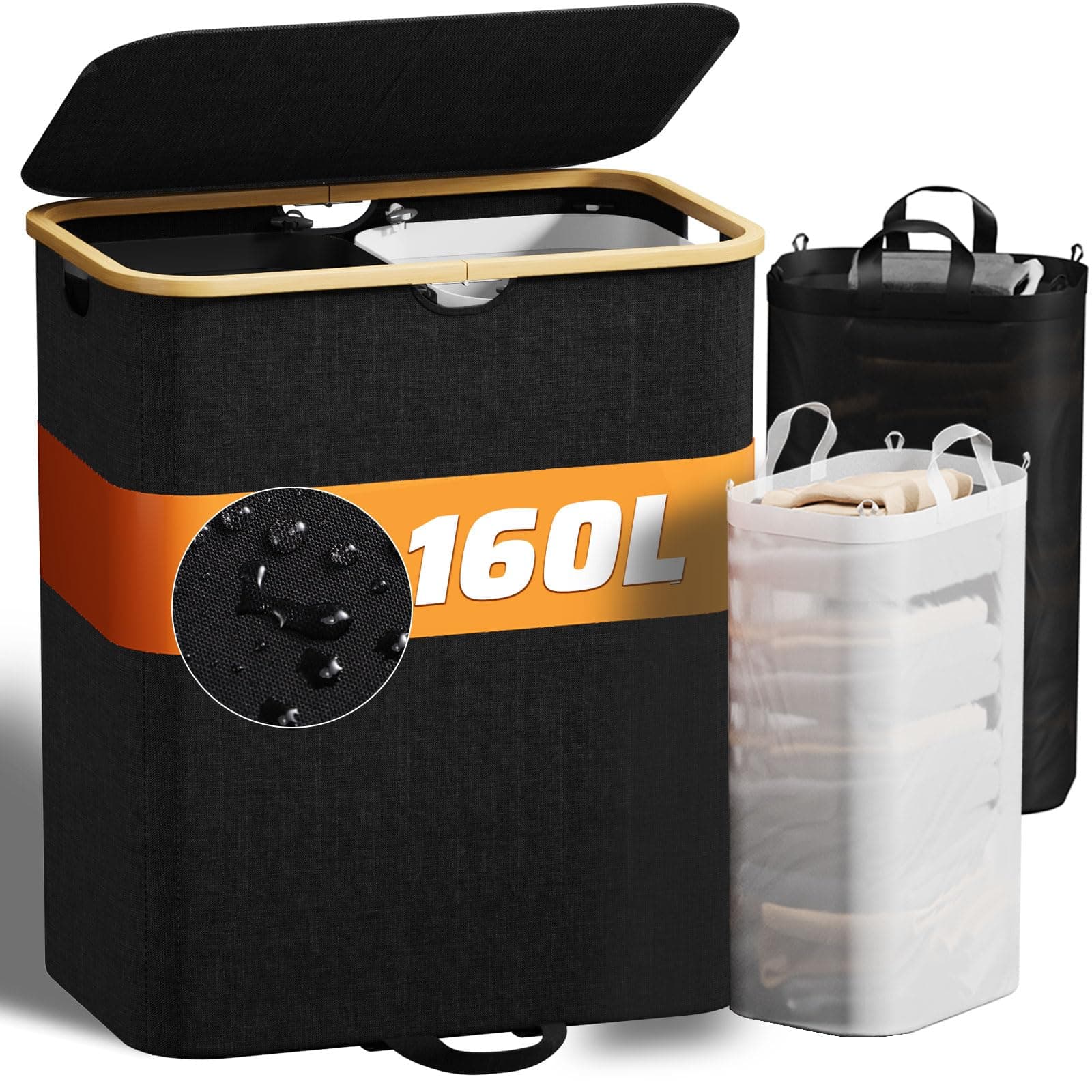 Laundry Hamper with Lid, 160L Black Laundry Hamper 2 Section Dirty Clothes Hampers for Laundry Foldable Laundry Basket Organizer Double Laundry Hamper for Bedroom, Laundry Room, Bathroom