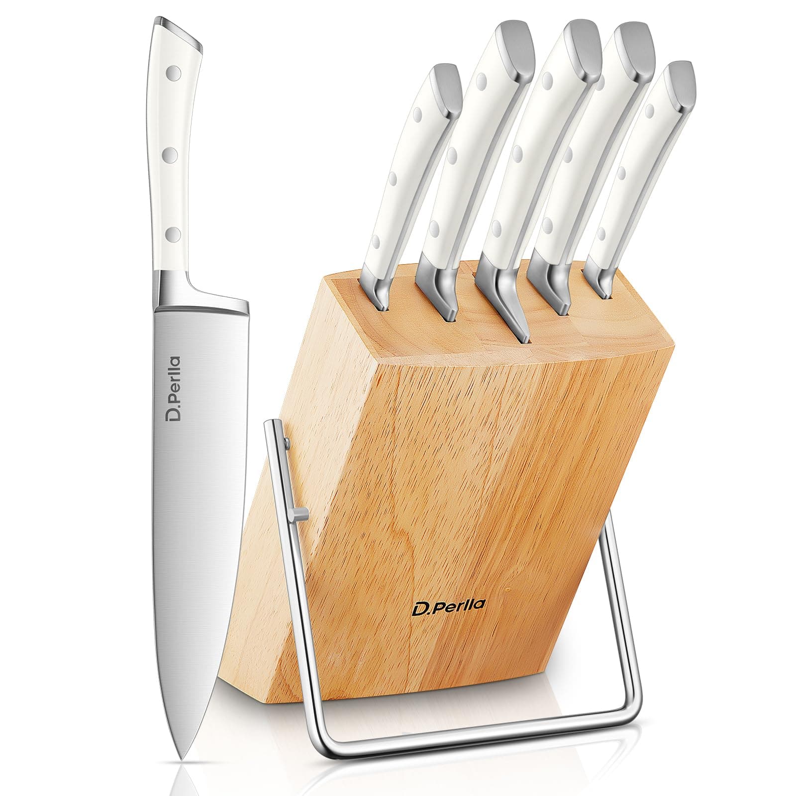 D.Perlla 6 Pieces Kitchen Knife Set Knife Block Set with High Carbon German Stainless Steel, Sharp Knife Set with Stylish Wooden Block, White