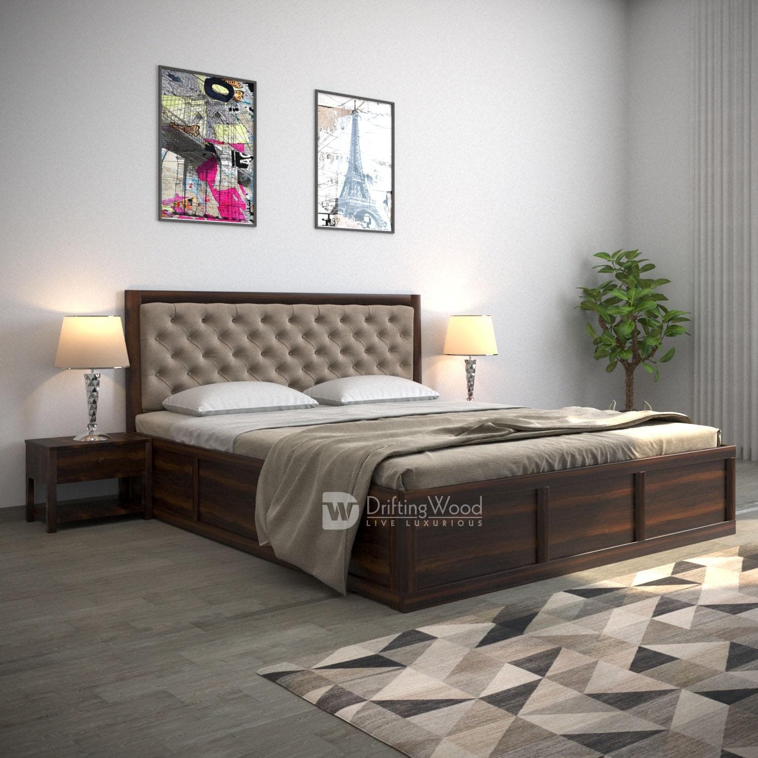 DRIFTINGWOOD Dolvi Solid Sheesham Wood King Size Bed with Storage | Wooden Double Bed Cot Bed with Box Storage & Matt Beige Mink Velvet Upholstered Cushioned Headboard for Bedroom | Walnut Finish