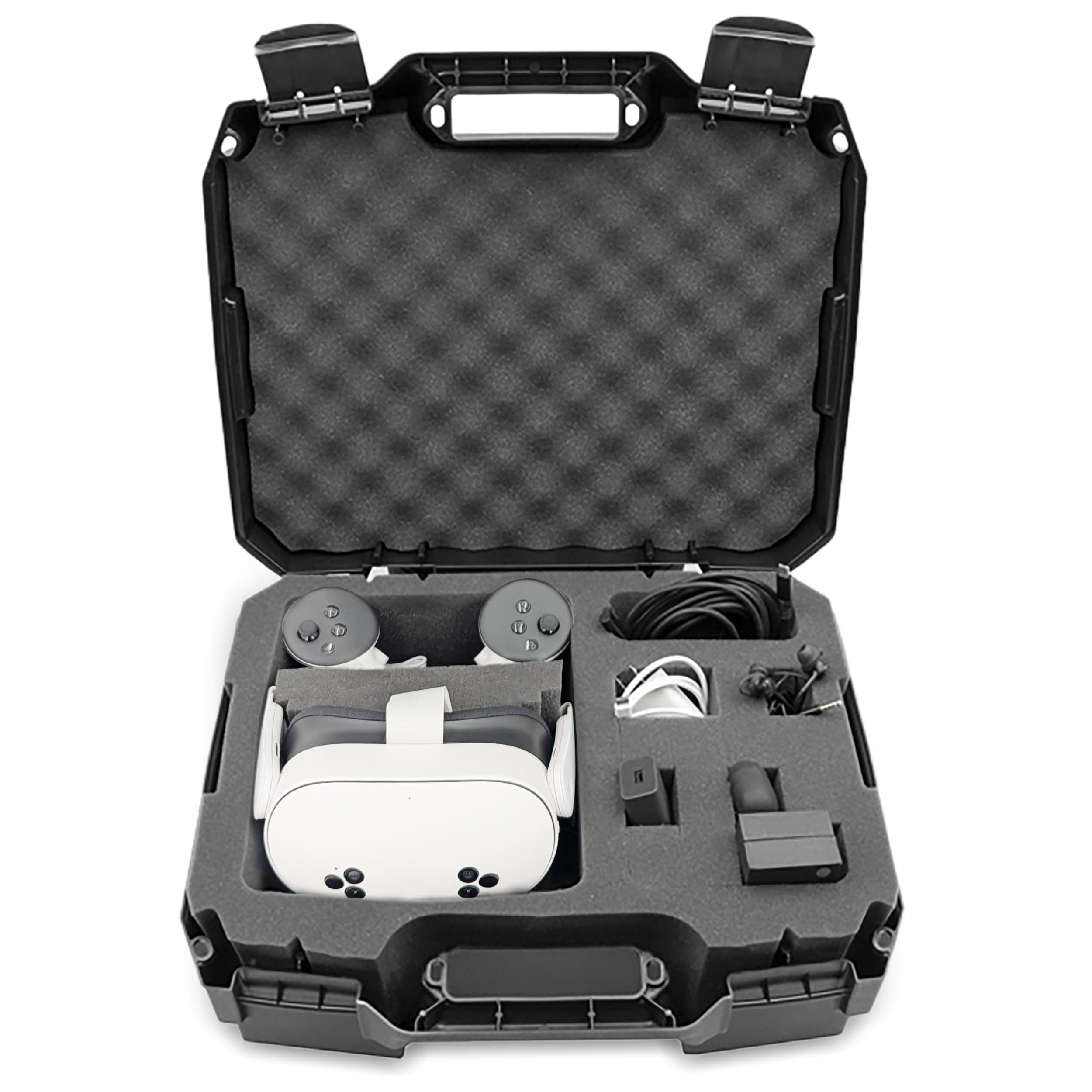 CASEMATIX Hard Shell Travel Case Compatible with Meta Quest 3 and 2 VR Headset - Fits 256GB, 128GB and 64GB Models with Custom Compartments for Accessories Like Controllers and Cables