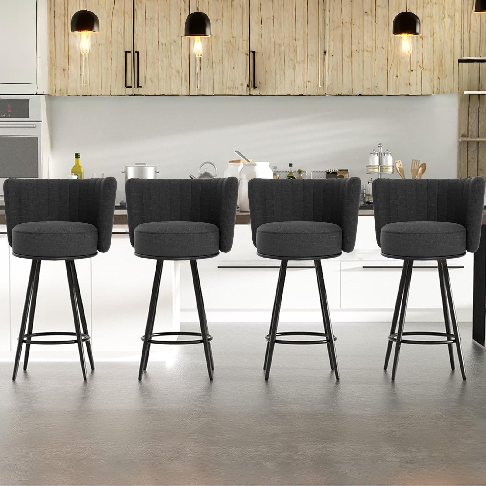 Bar Stools Set of 4, 27" Tufted Modern Counter Height Bar stools, Upholstered Barstools with Back & Footrest Metal Legs, Stools for Kitchen Island, Counter, Cafes, Dining Room(Dark Grey)