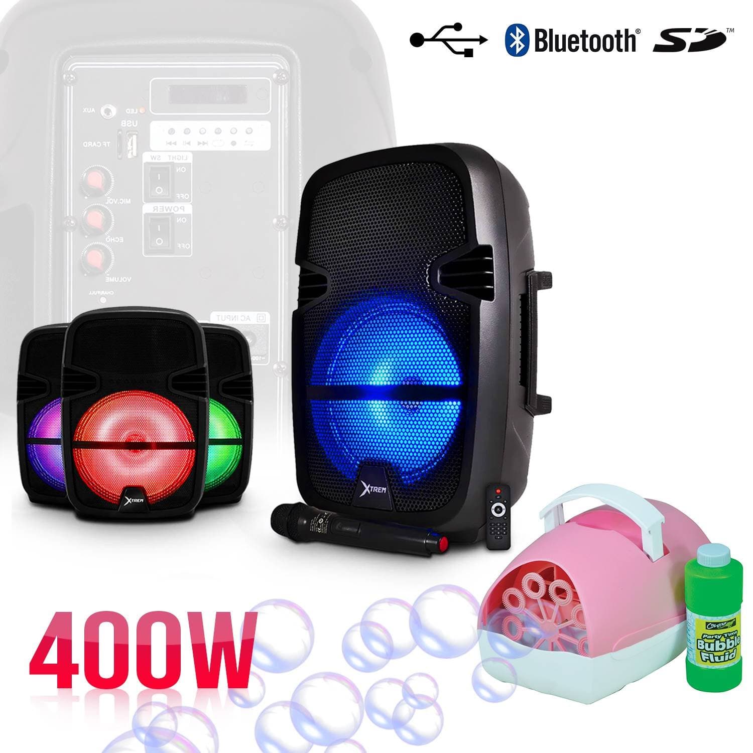 Birthday Pack – Karaoke 8 "LED/USB/SD/BT + Mic + Bubble Machine + Fluid