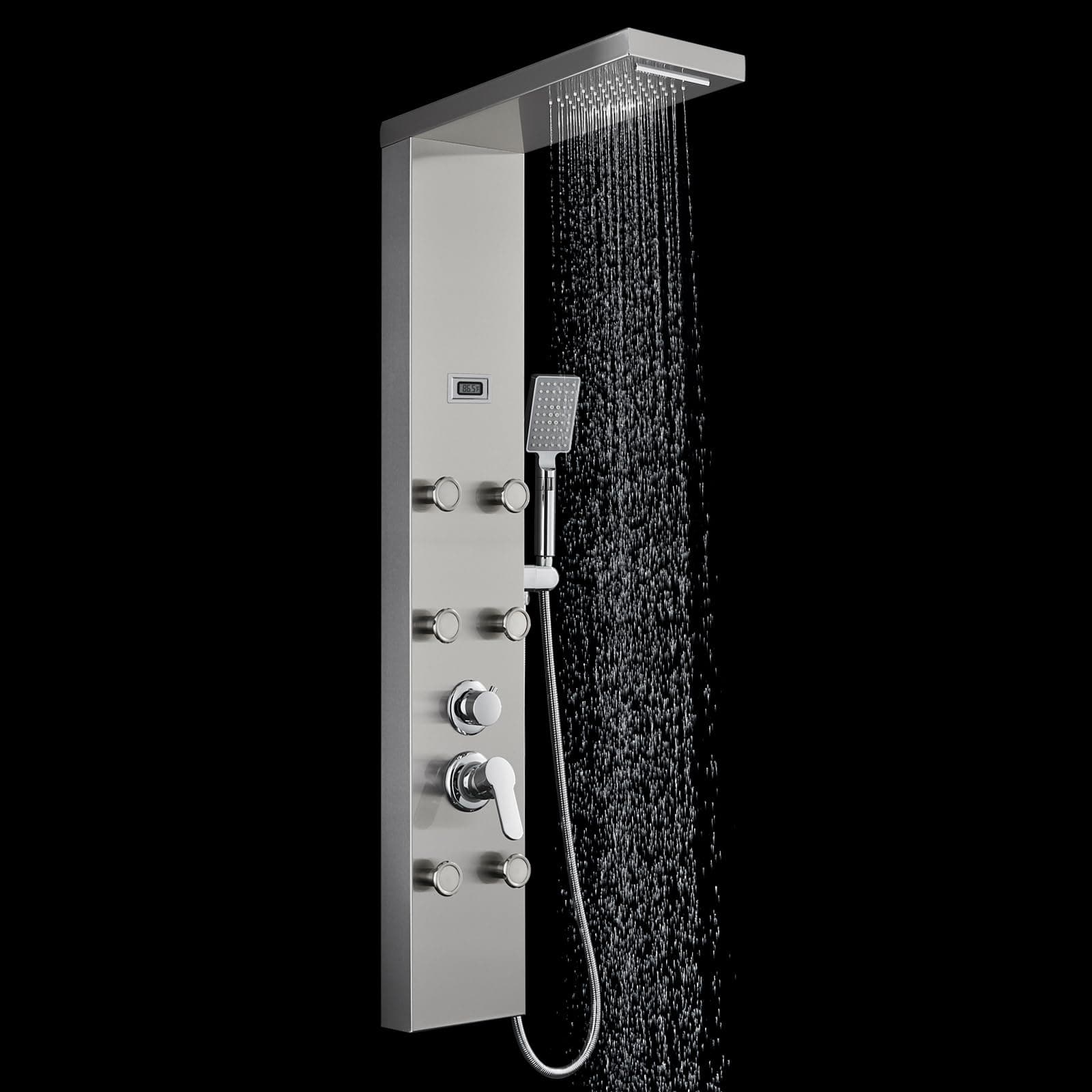 ROVOGO 6 Body Jets Shower Panel System with Rainfall Waterfall Shower Head and Handheld, Shower Tower Column with Temperature Display in Brushed Stainless Steel