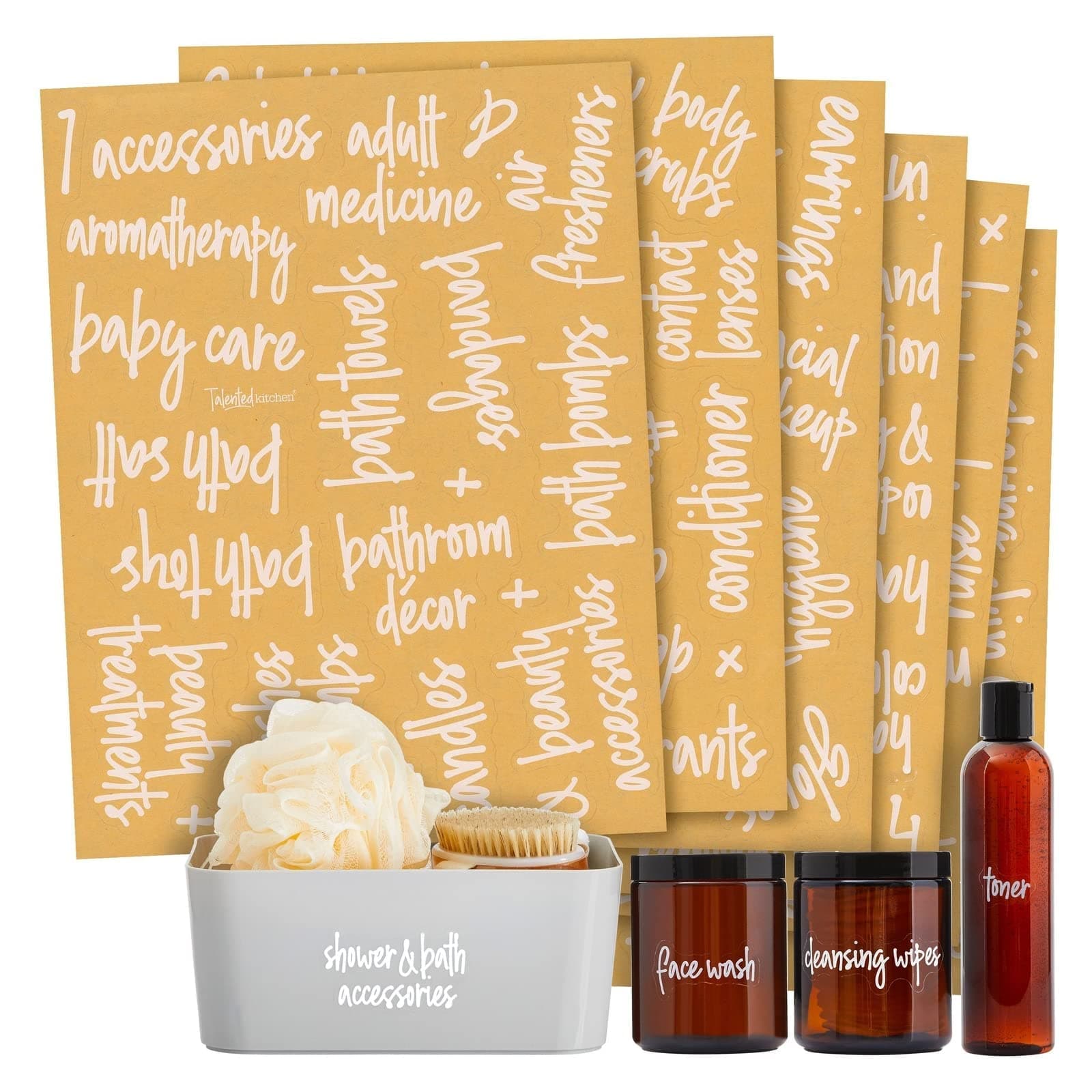 Talented Kitchen 192 Preprinted Bathroom Labels for Containers - White Script Stickers for Organizer Bins, Bath, Beauty Canisters, and Makeup Storage Organization (Water Resistant)