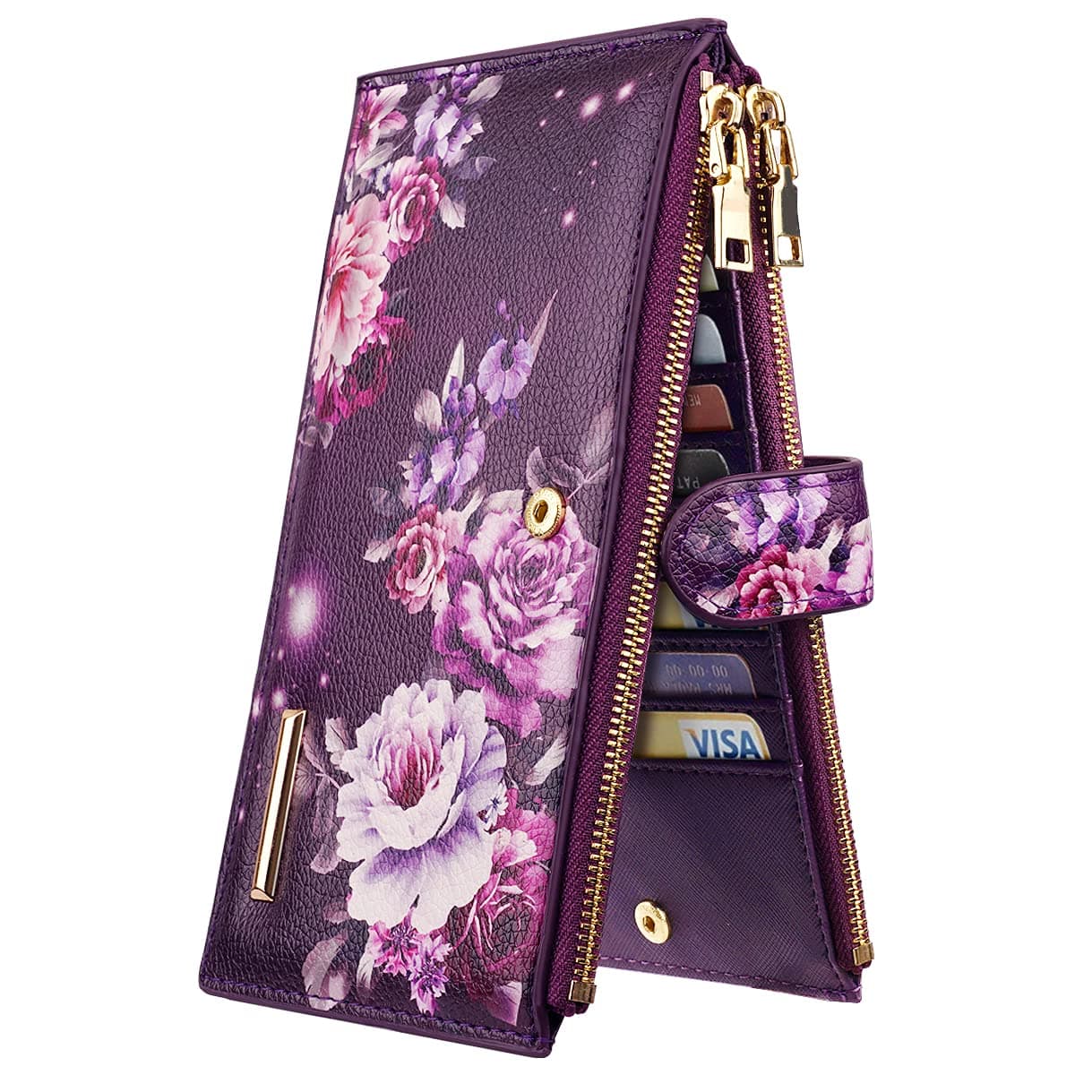 Womens RFID Blocking Multi Card Organizer Bifold Wallet with Double Zipper Pocket,Purple Flowers
