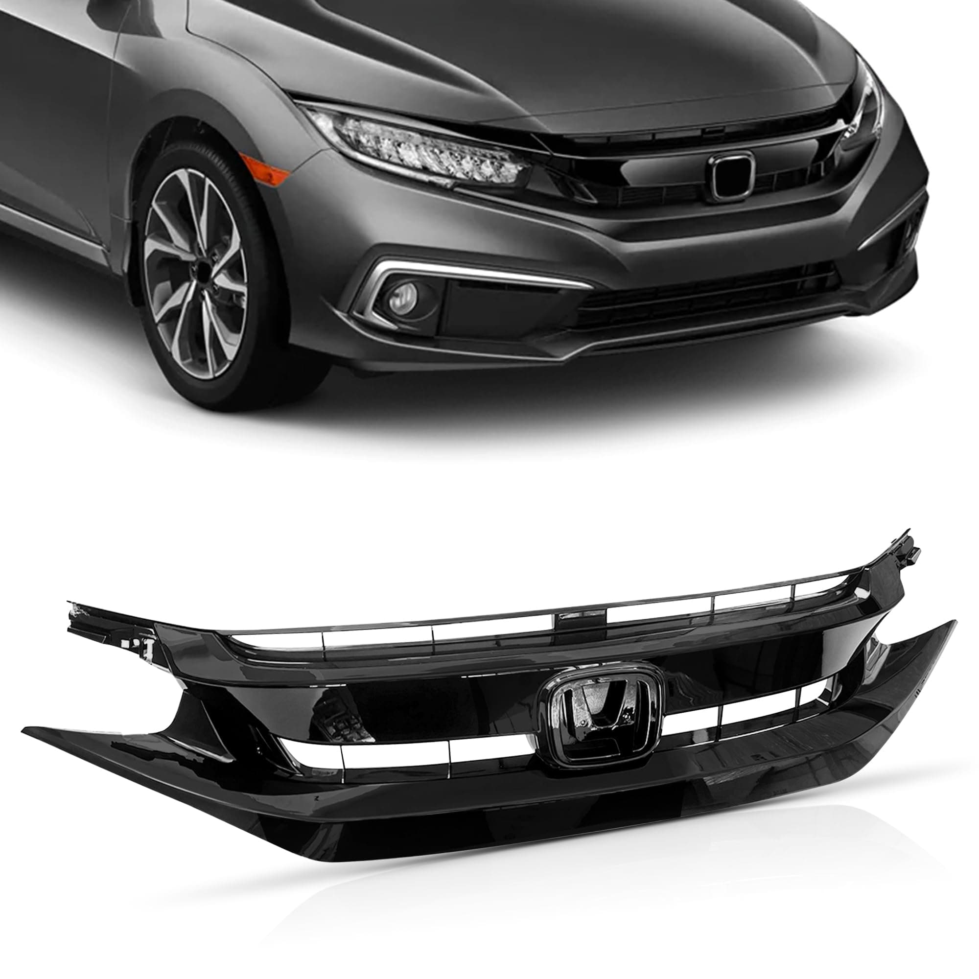 PartsFlow Front Bumper Grille Upper Grill Glossy Black For 2019 2020 Honda Civic