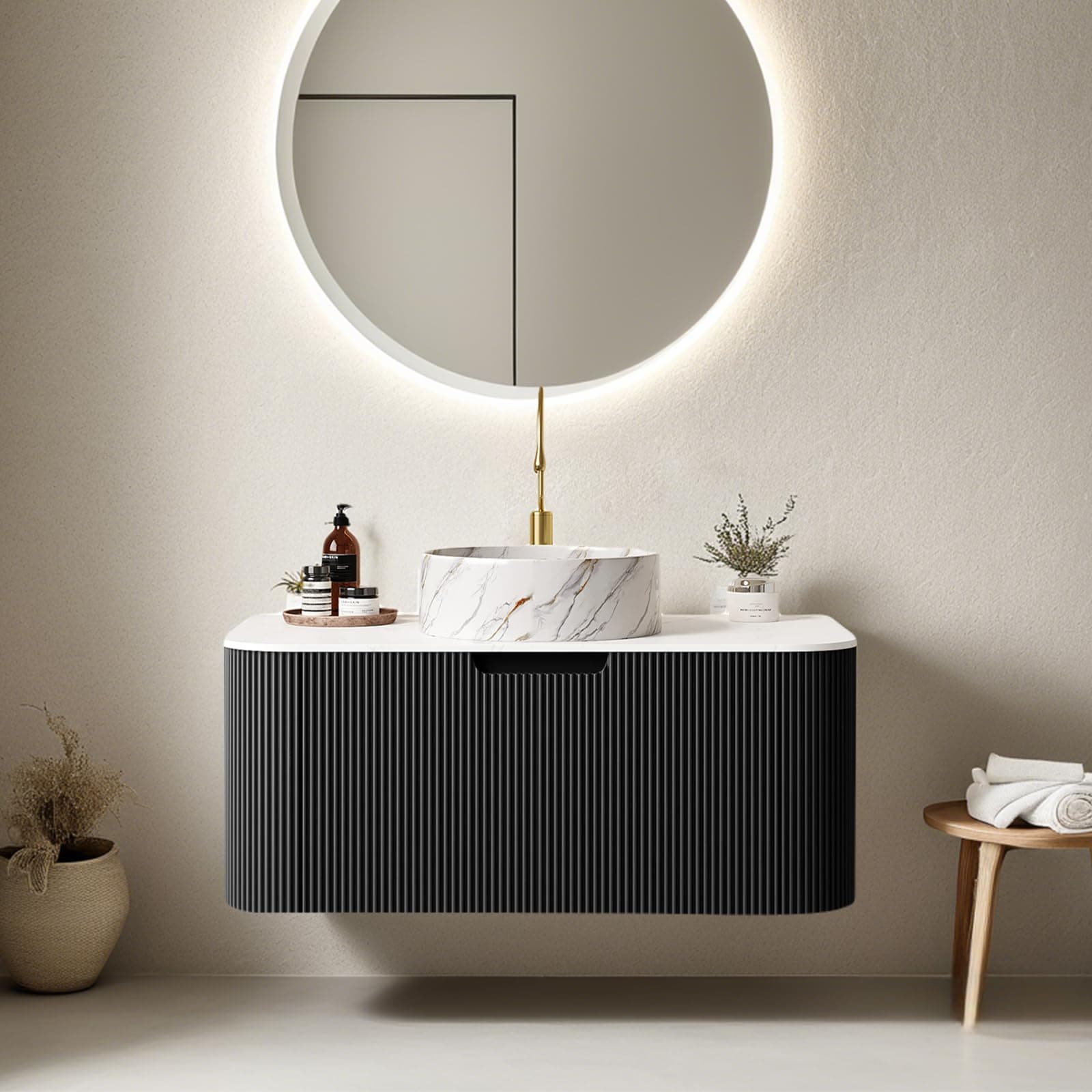 36" Floating Bathroom Vanity with Sink, Natural Solid Wood Modern Bathroom Vanities with Ultra-Thin Marble Ceramic Basin and Top, Soft-Close Design, Pre-Assembled, Gloss Black