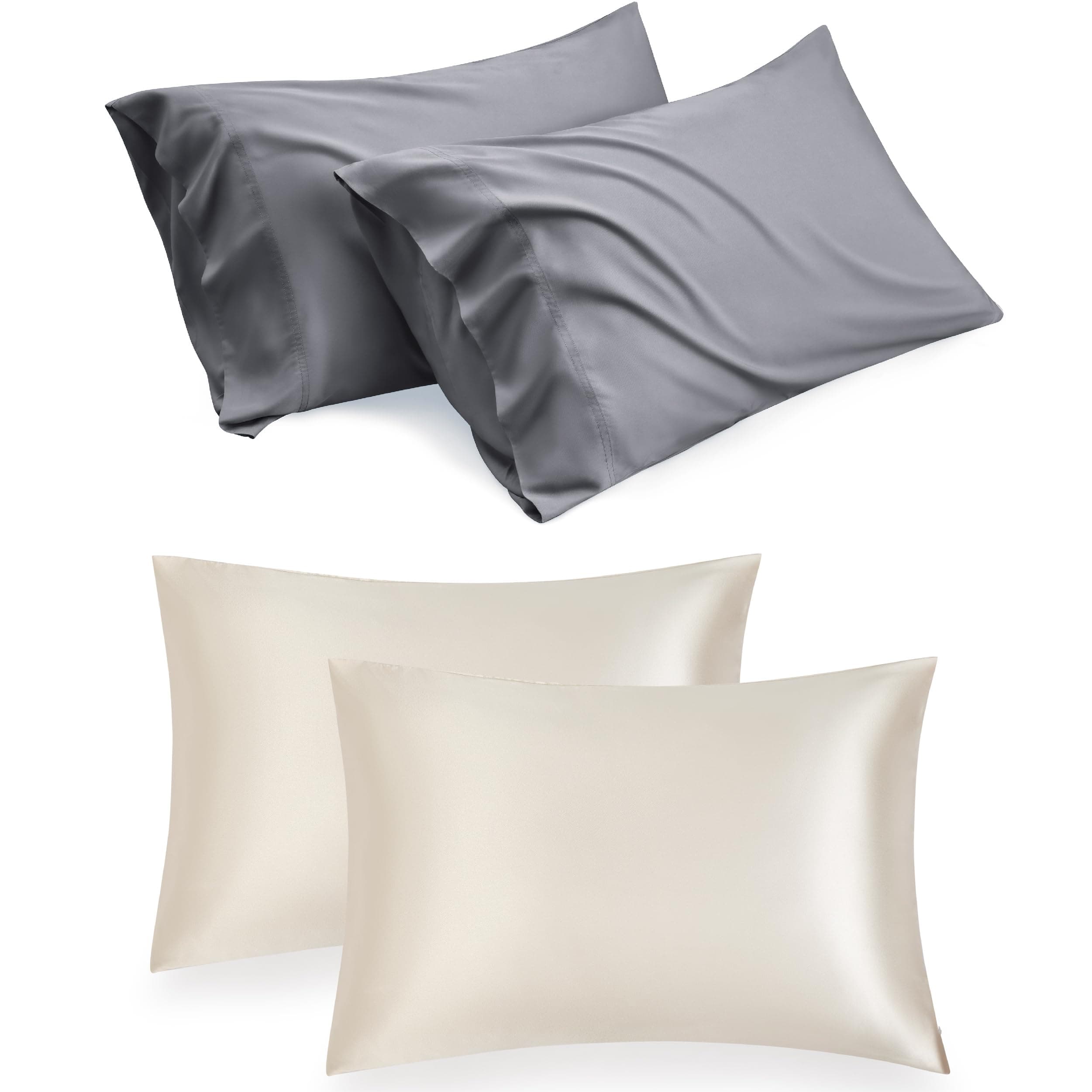 Bedsure Dark Grey Cooling Pillow Cases Queen with Envelope Closure Bundle Beige Satin Pillow Cases Standard Size with Zipper
