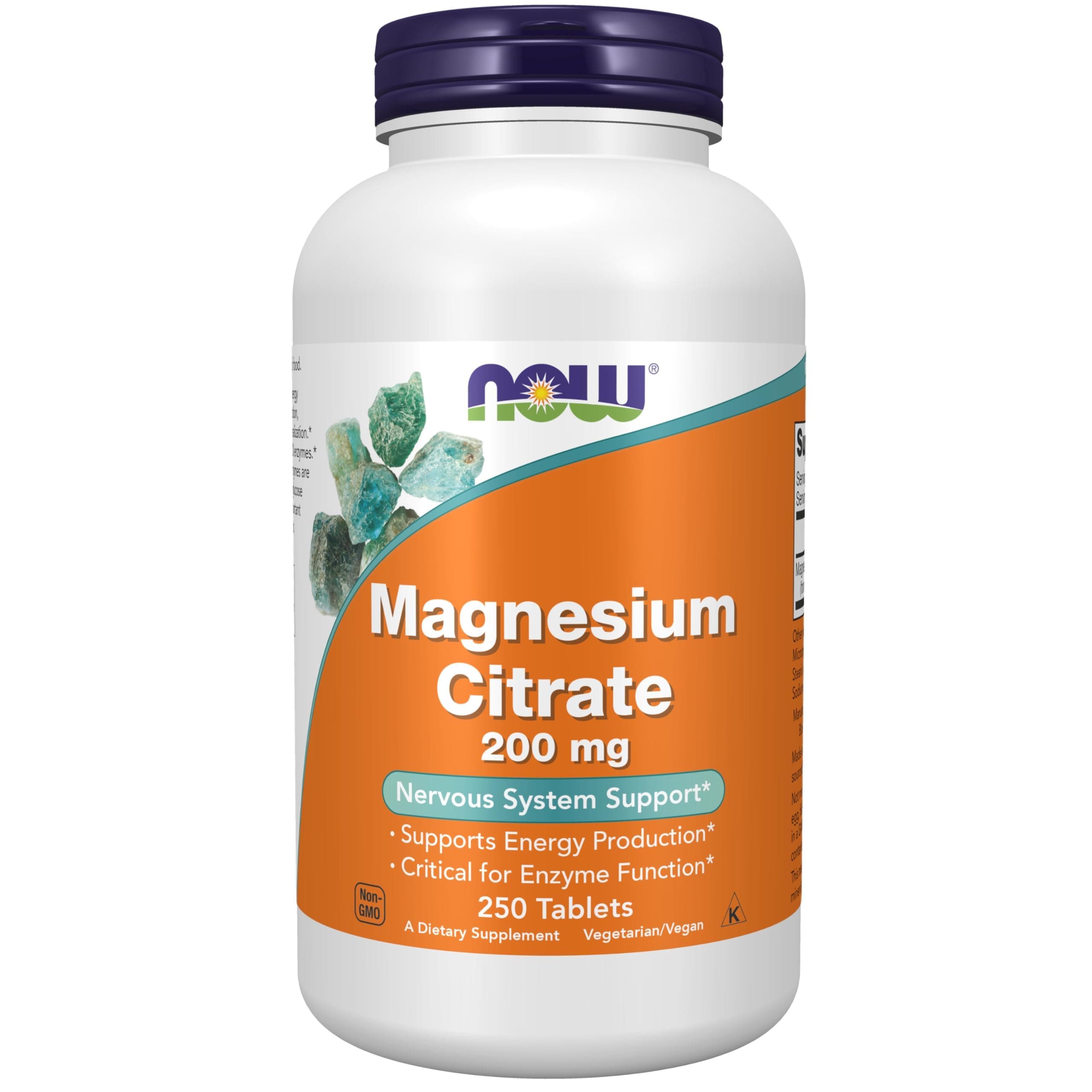 NOW Supplements, Magnesium Citrate 200 mg, Enzyme Function*, Nervous System Support*, 250 Count (Pack of 1)
