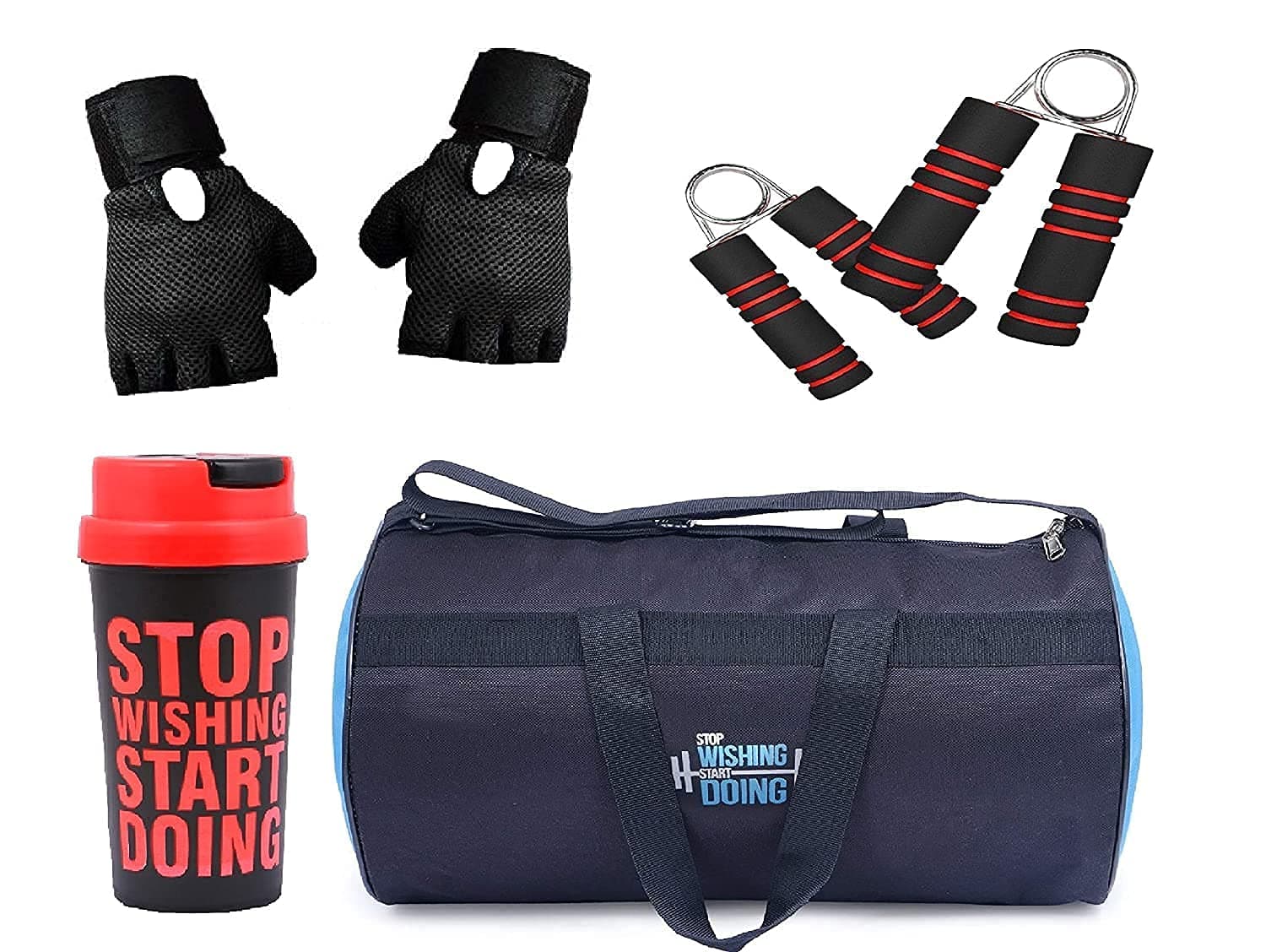 SGC-2004 4 in 1 Pack Combo Polyester Antique Gym Bag, Protein Shaker,Gym Gloves with Wrist Support and Hand Strengthner Combo, BLUE, M, athletic