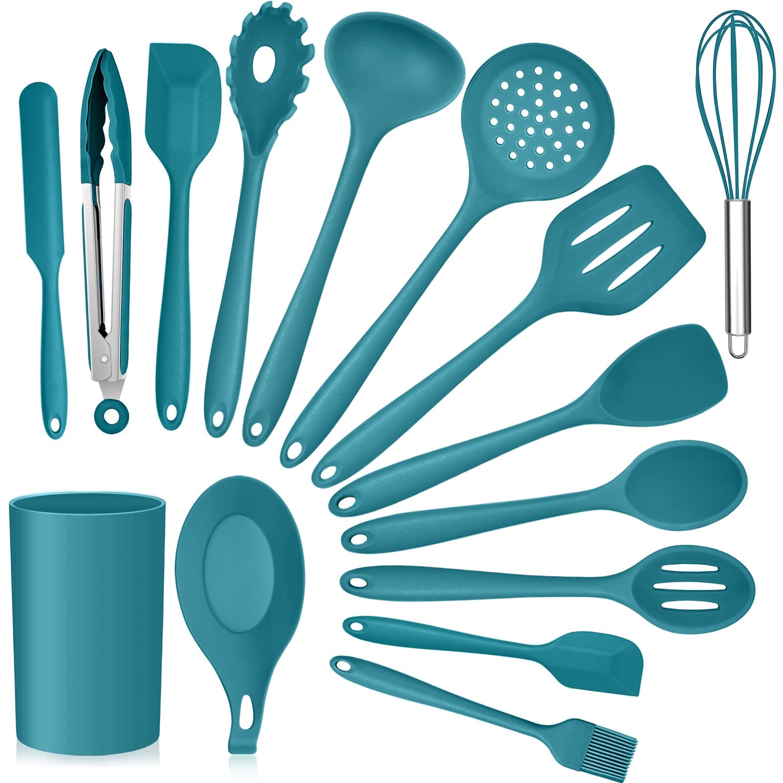E-far Teal Blue Kitchen Utensils Set, 15-Piece Silicone Cooking Utensils with Holder, Non-stick Cookware Friendly & Heat Resistant, Includes Ladle Spatula Spoon Slotted Turner for Cooking & Baking