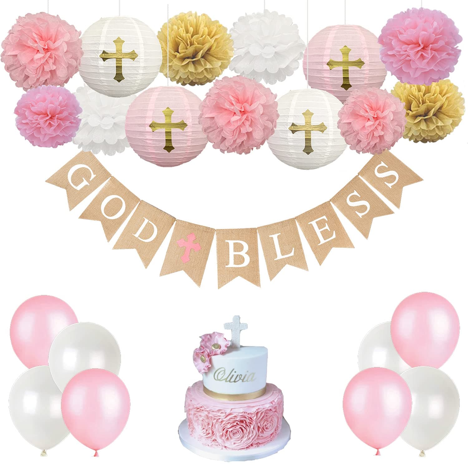 CHRORINE Baptism Decorations First Communion Confirmation Decorations Bautizo Decorations God Bless Banner (Pink)
