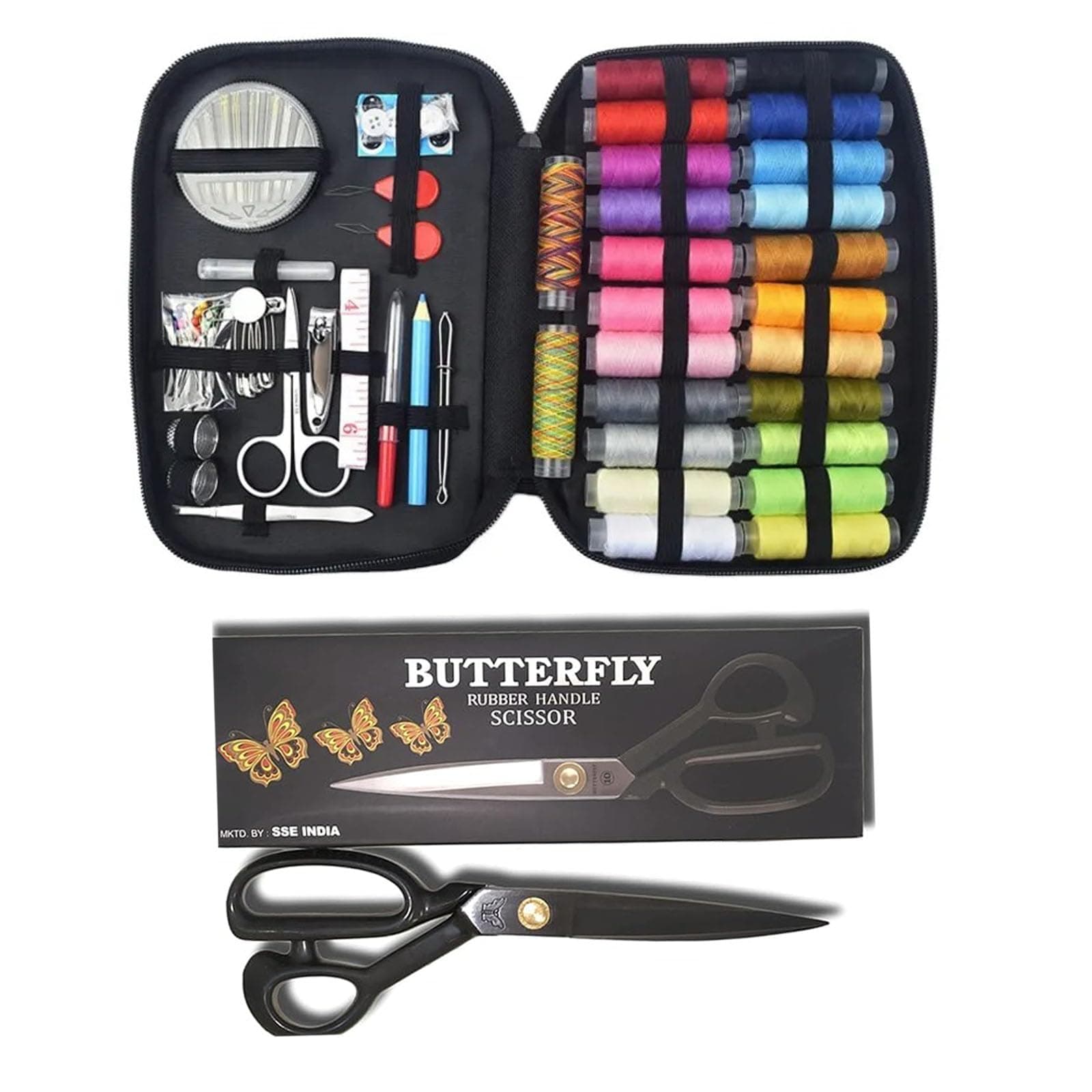 Butterfly Sewing Kit Box | Tailoring Tools Combo with Accessories, Scissors, Thread, Needles, Measuring Tape | Sui Dhaga Portable, Stitching Items Box for Home, Ladies, Multipurpose, Travel, DIY