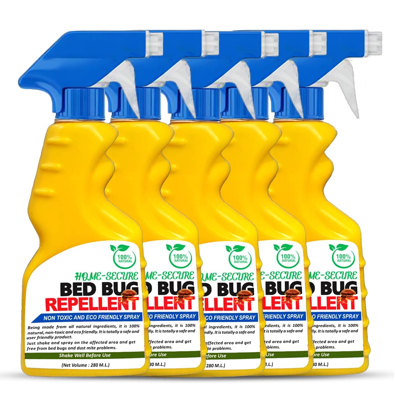 Home-secure Bed Bug Killer Spray| Natural Bed Bug Repellent | Instant Action Long Lasting Protection, Chemical-free, Eco-friendly, Insect Repellent, with Lime Scent (280 ml, Pack of 5)