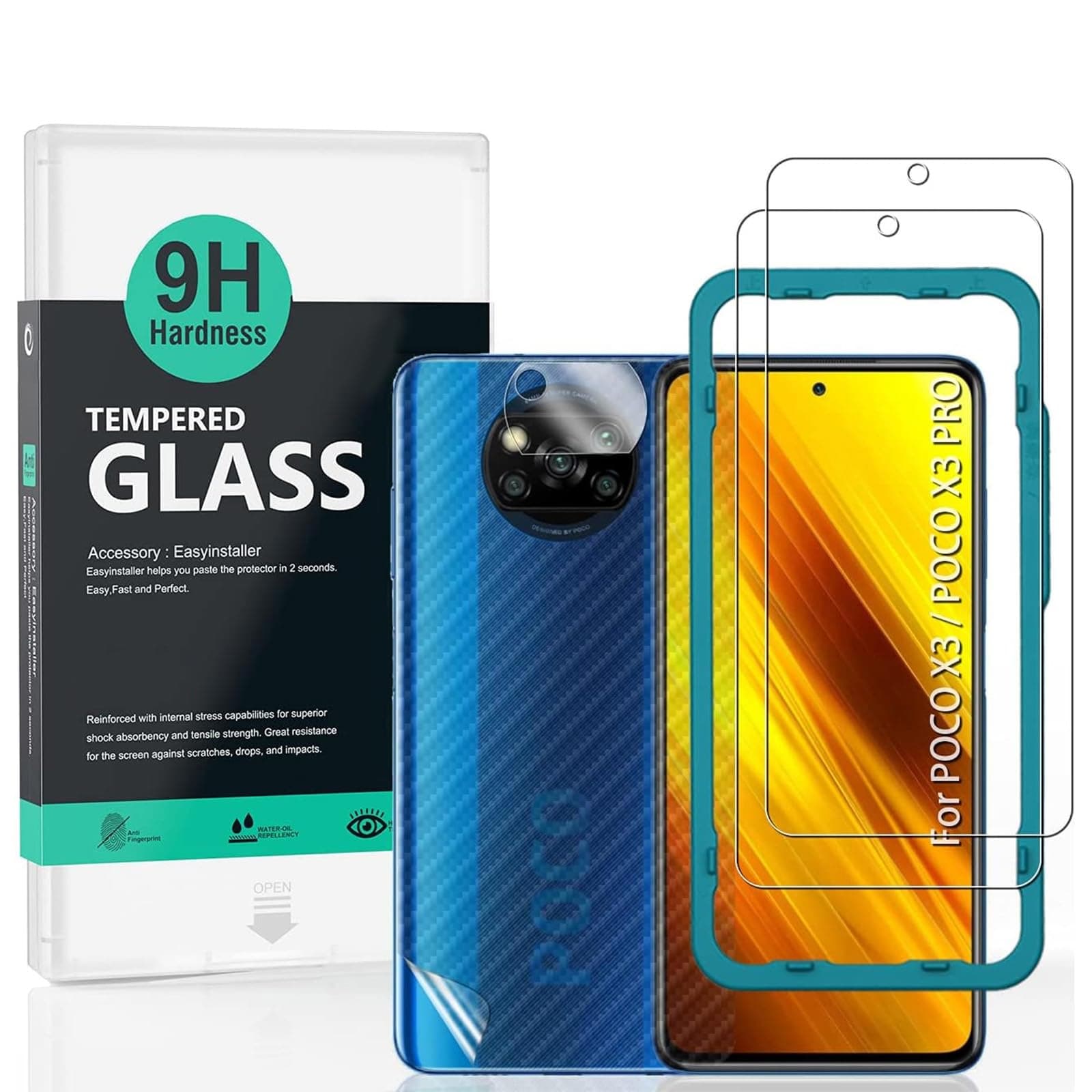 Ibywind [Pack of 2] Screen Protector for POCO X3 NFC/POCO X3 PRO 6.67"，with Camera Lens Protector,Back Carbon Fiber Skin Protector,Including Easy Install Kit