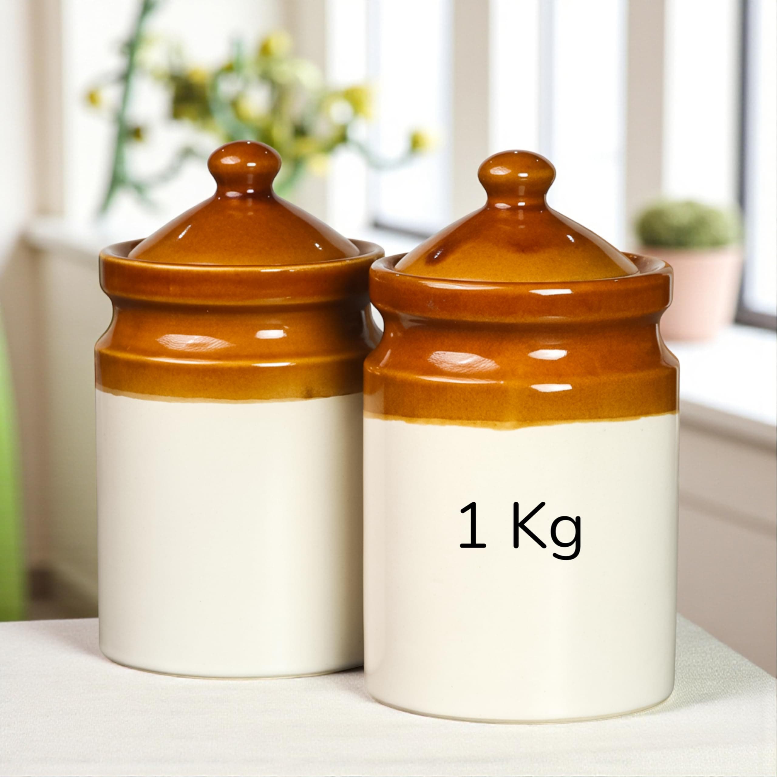 Ceramic Achaar Jar Set - 1 Kg (1000 ml) x 2 - Martban Pickle Container - Kitchen Storage for Pickle, Chutneys and Sauces - Durable, and Easy to Clean (Pack of 2) (1 Kg Brown Jar Set)