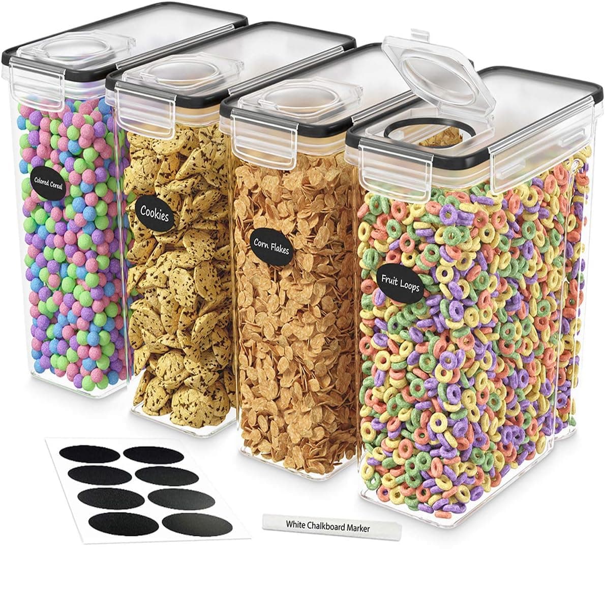 DWËLLZA KITCHEN Cereal Containers Storage 4L Set of 4 Airtight Food Storage Containers with Lids Cereal Dispenser Countertop Pantry Organization Canister for Rice Flour & Sugar 1 Marker 8 Labels