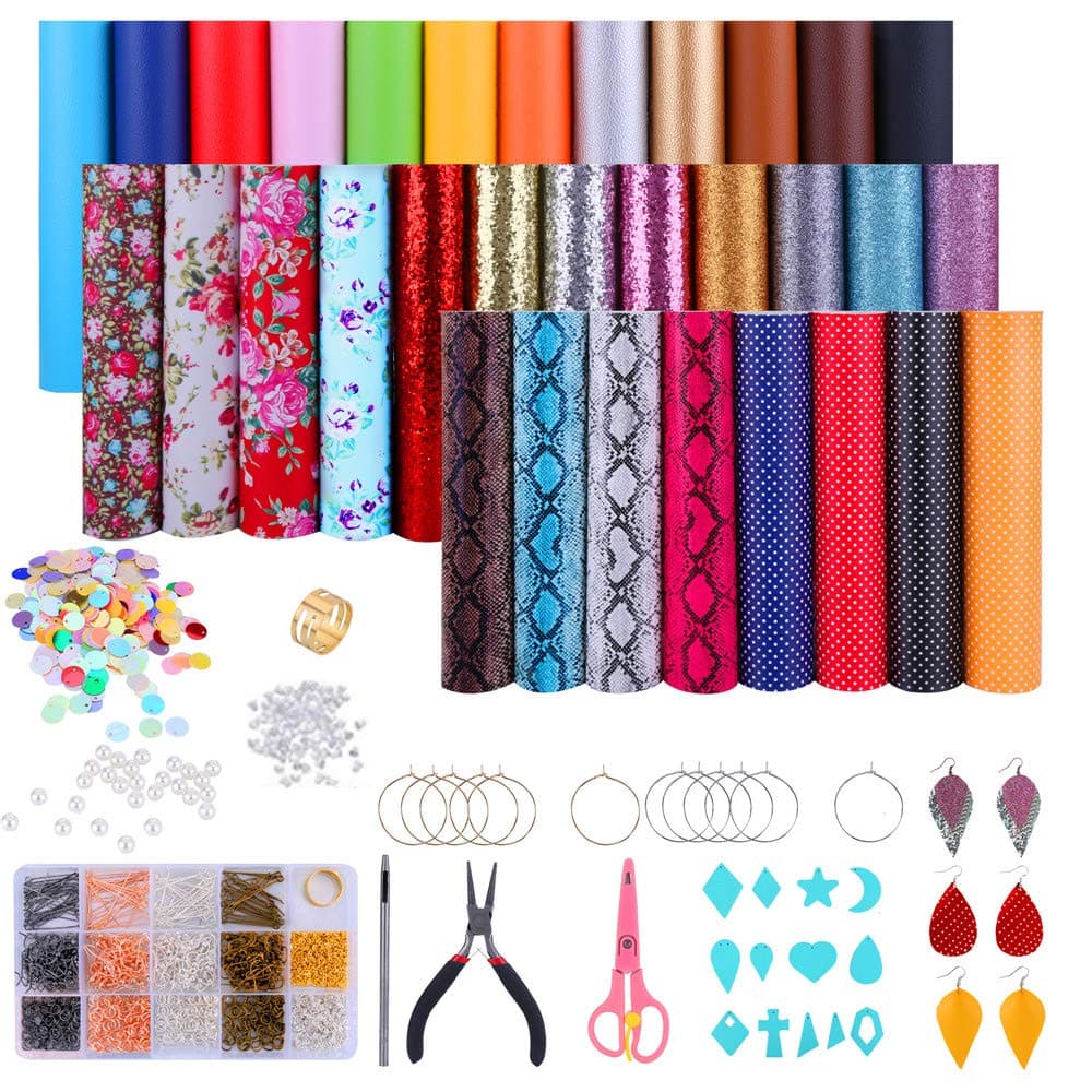 32 Pieces Leather Earring Making Kit Includes 6 Styles Faux Leather Sheets for Earrings DIY Bows and Crafts Leather for Earrings Making Supplies Templates Faux Pearls and Complete Tools 6.3 X 8.3 inch