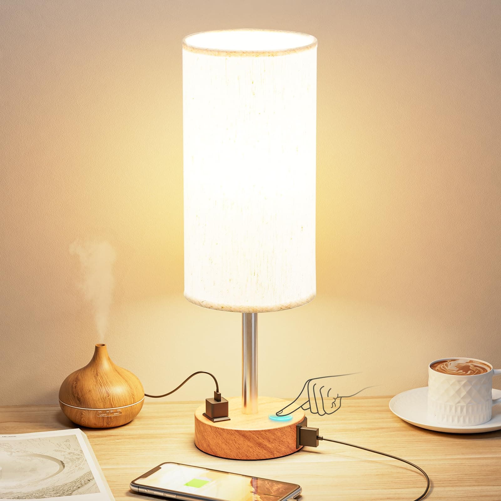 Fenmzee Beside Table Lamp - 3 Way Dimmable Touch Control, USB C Charging, AC Outlet, Wood Base, Flaxen Fabric Shade, LED Bulb Included