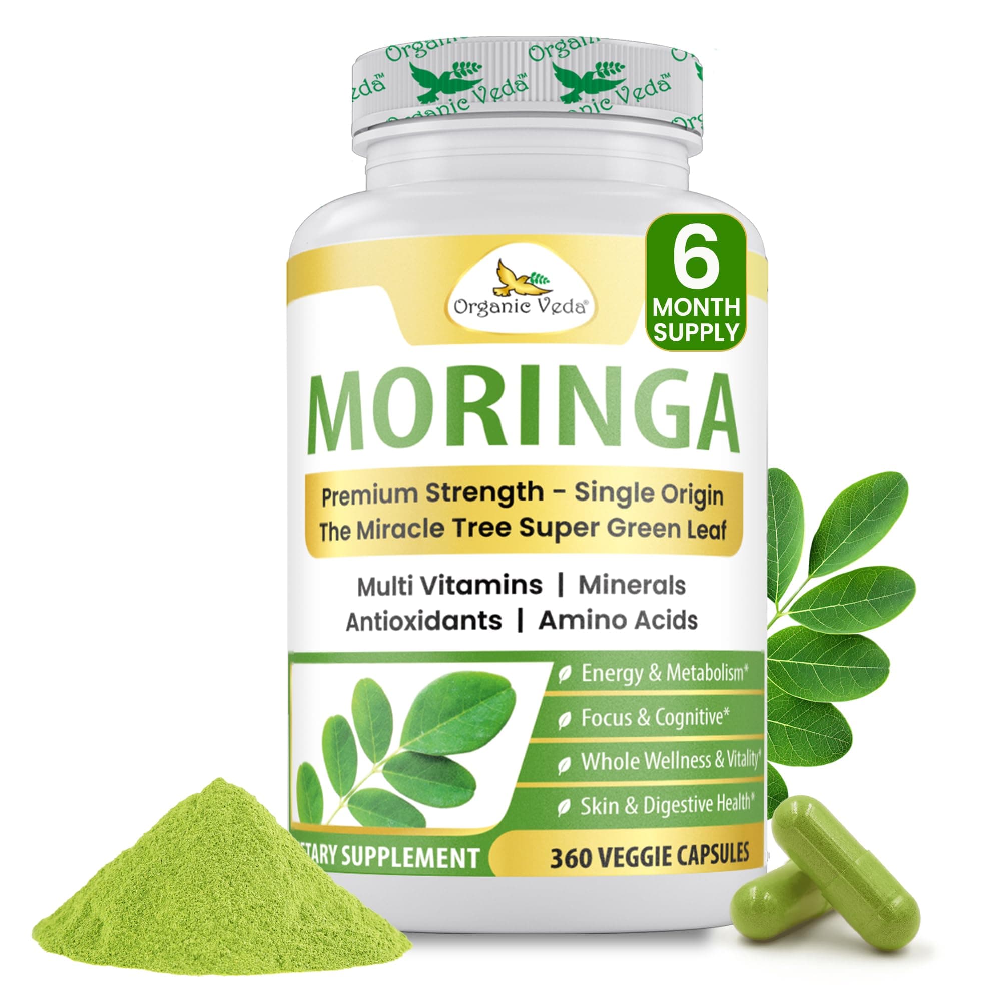 Organic Veda Moringa Capsule 1000mg, 6 Months Supply - True Green Pure Organic Moringa Leaf Superfood - Vitamins & Antioxidants Rich Powder, Energy, Digestion, Brain & Skin Health - 360 Vegan Capsule