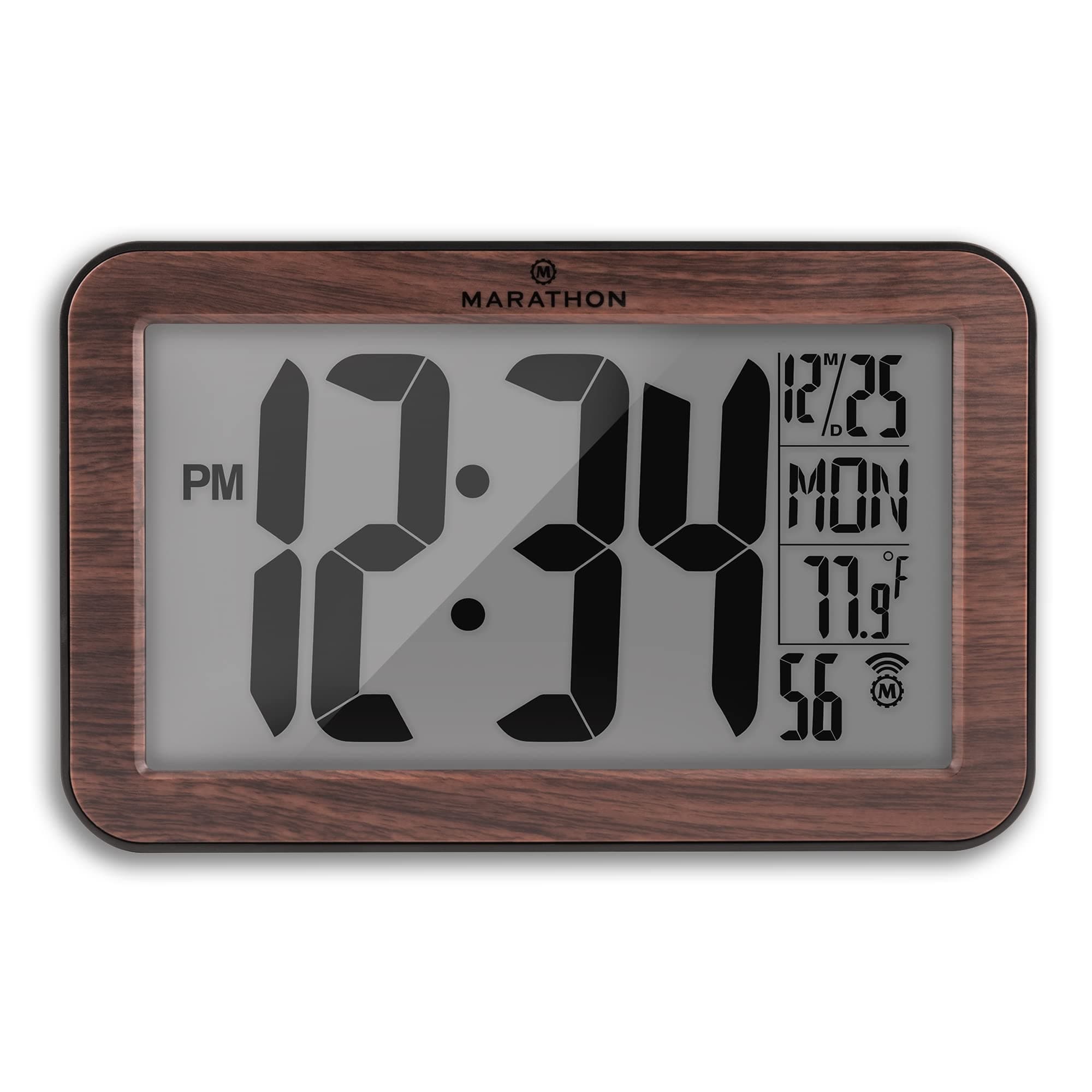 Marathon Atomic Wall Clock, Wood Finish - Large 9-Inch Display - AM/PM or 24-Hour Time, 8 Time Zones, Indoor Temperature, Day & Date - Two AA Batteries Included