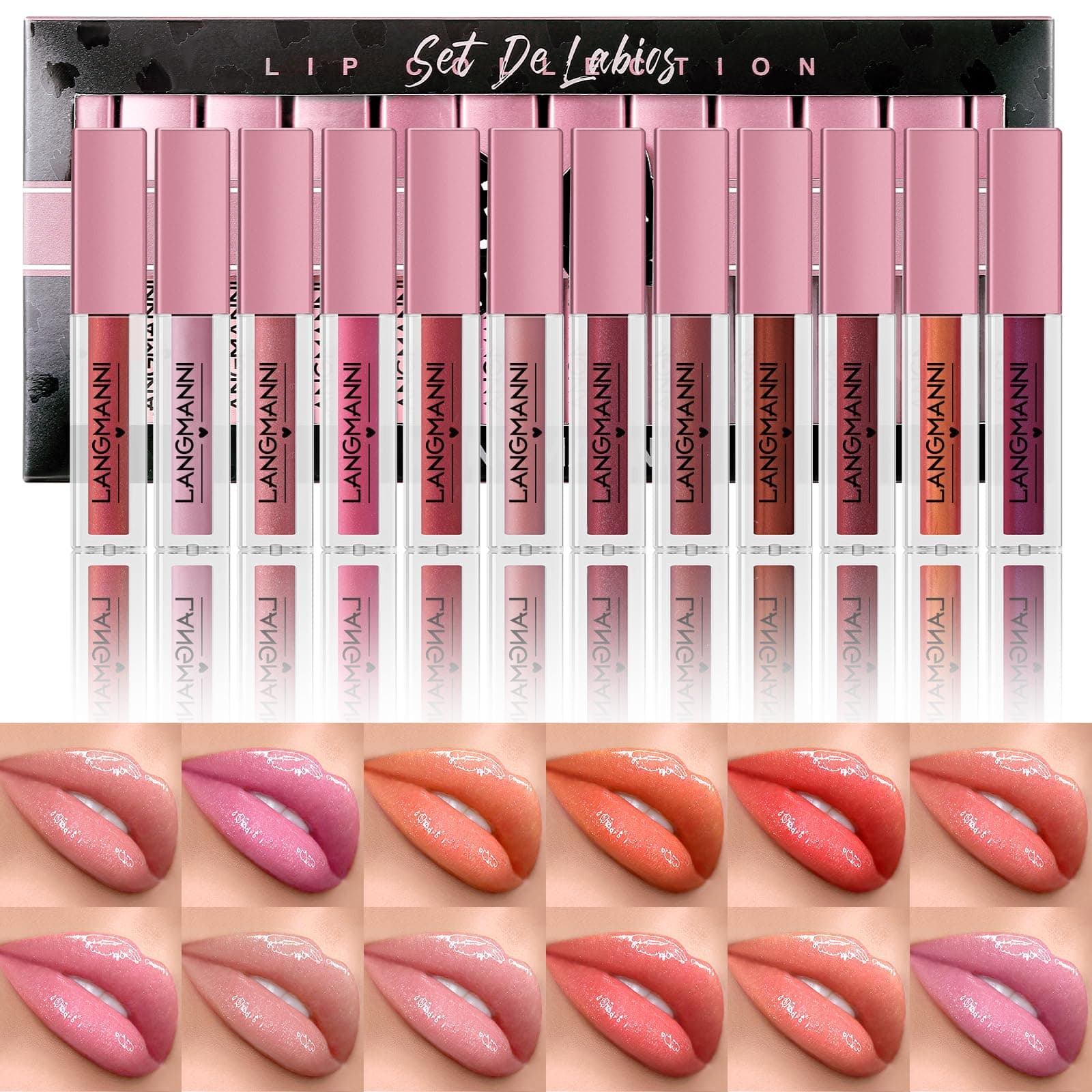 LANGMANNI 12Pcs Lip gloss Collection Makeup Set, Shiny Smooth Soft Liquid Lip Glosses Lip Stain With Rich Varied Colors For Girls And Women Makeup (Shimmery-B)