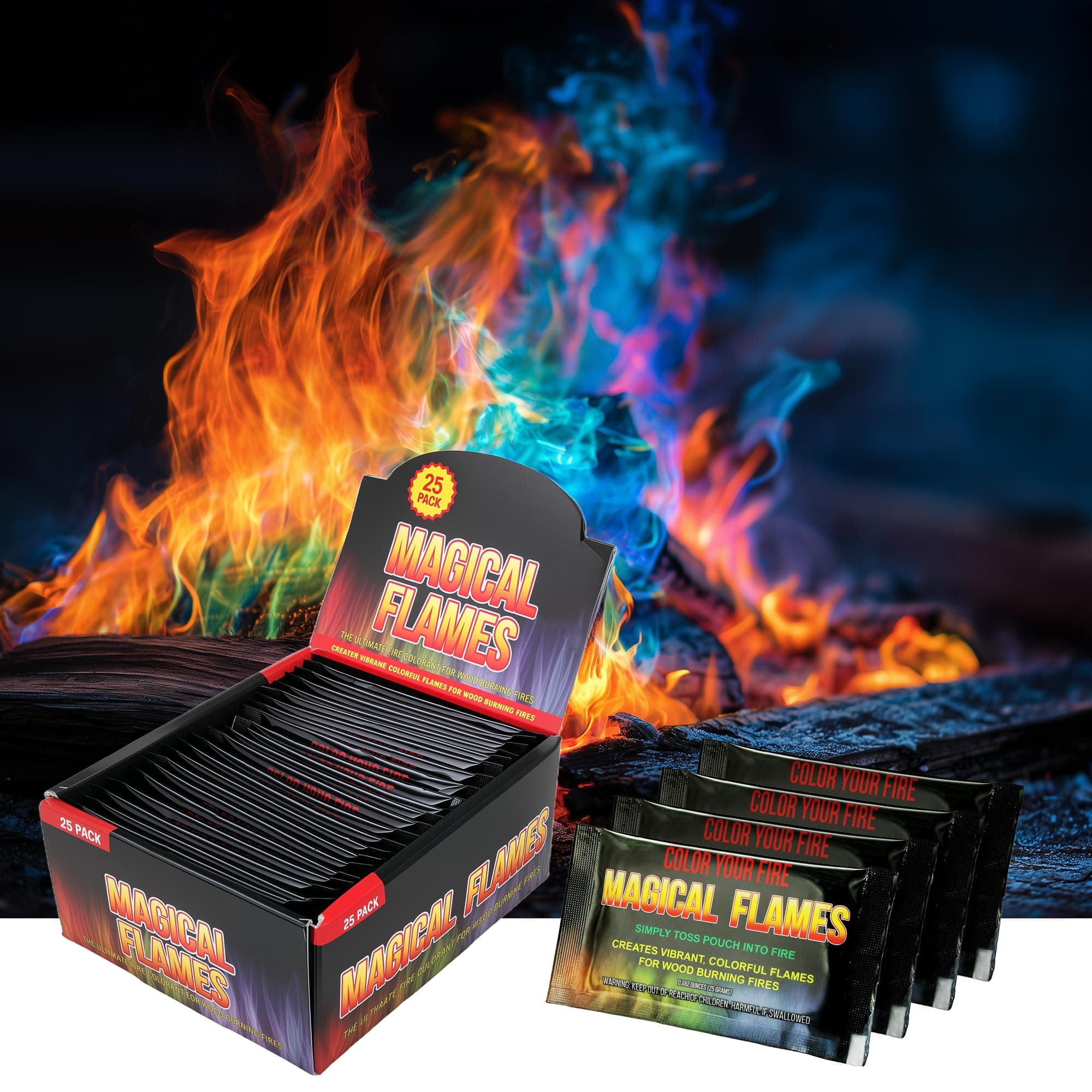 Magical Flames Fire Color Changing Packets - Fire Pit, Campfires, Outdoor Fireplaces - Hue-Changing Cosmic Flame Powder - Color Fire Camping Accessories for Kids & Adults - 25 Pack
