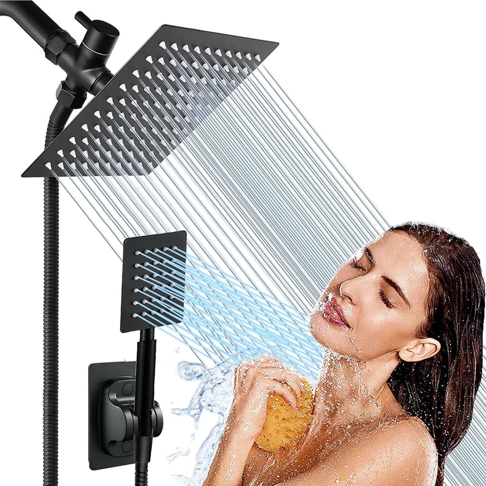 High Pressure Square Rain Shower Head Combo, Equipped with all Metal Hand Shower, 78 Extra Long Hose, 3-Way Diverter, Adhesive Shower Head Holder (Square Shower Head Set Black)