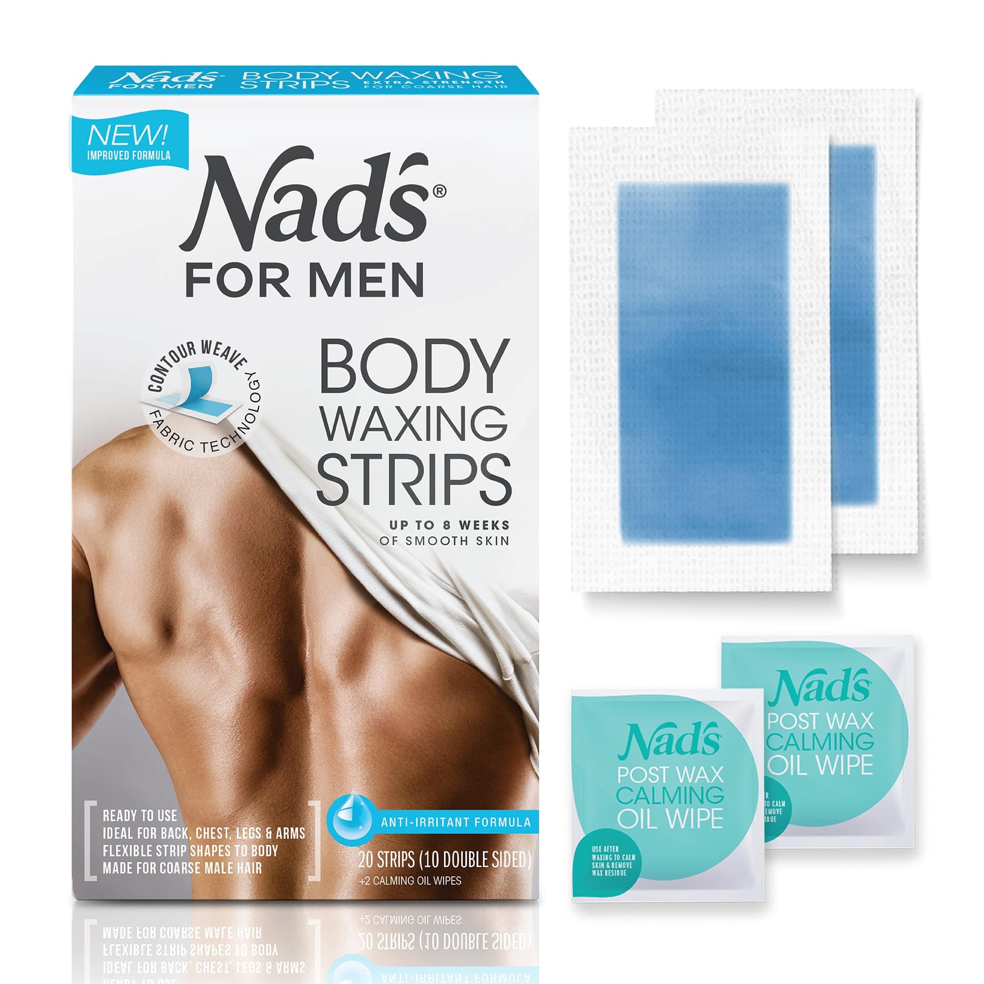 Ready to Use Body Wax Strips, Wax Strips Men, Mens Hair Removal, Includes 20 Waxing Strips & 2 Post Wax Calming Oil Wipes, 20 Count (Pack of 1)