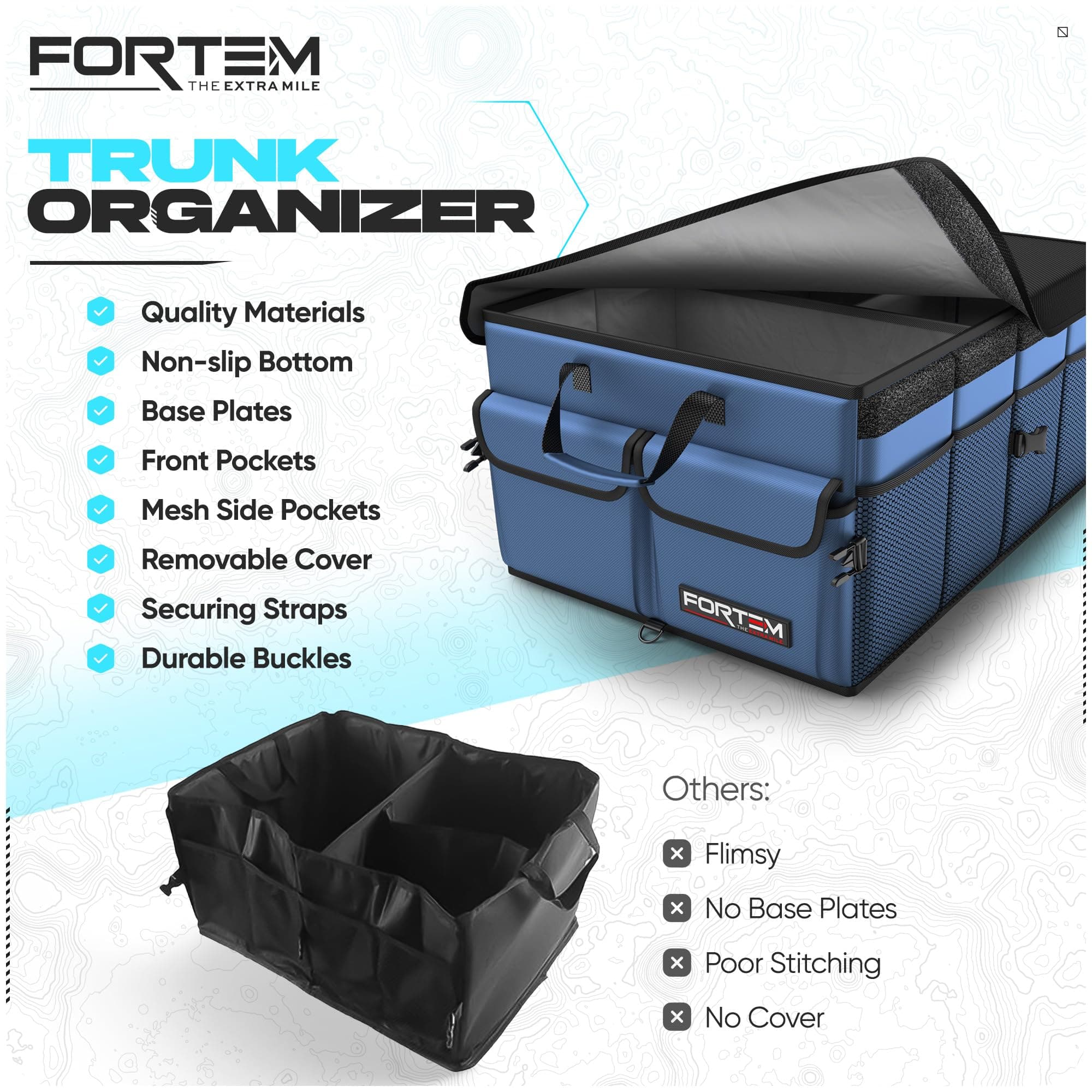 FORTEM Car Trunk Storage Organizer, Collapsible Multi Compartment, SUV Trunk Organizer, Non Slip Bottom, Adjustable Securing Straps, Foldable Cover (Blue, Large Size)