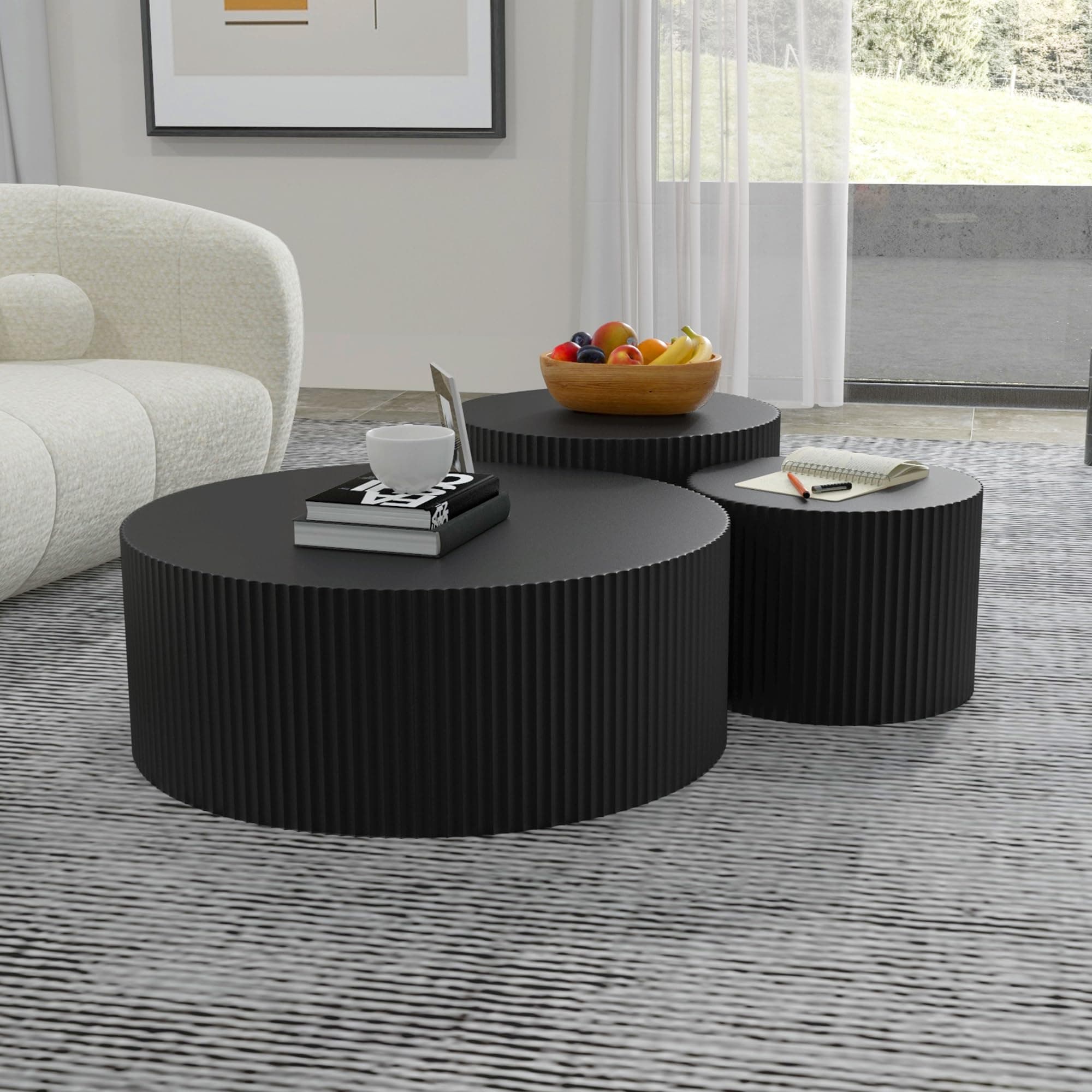 JUSTONE Black Round Coffee Table Set Side Table End Table for Living Room,3 Peice Drum Round Nesting Coffee Modern Coffee Table for Apartment Office,No Assembly (3PCS,Black)