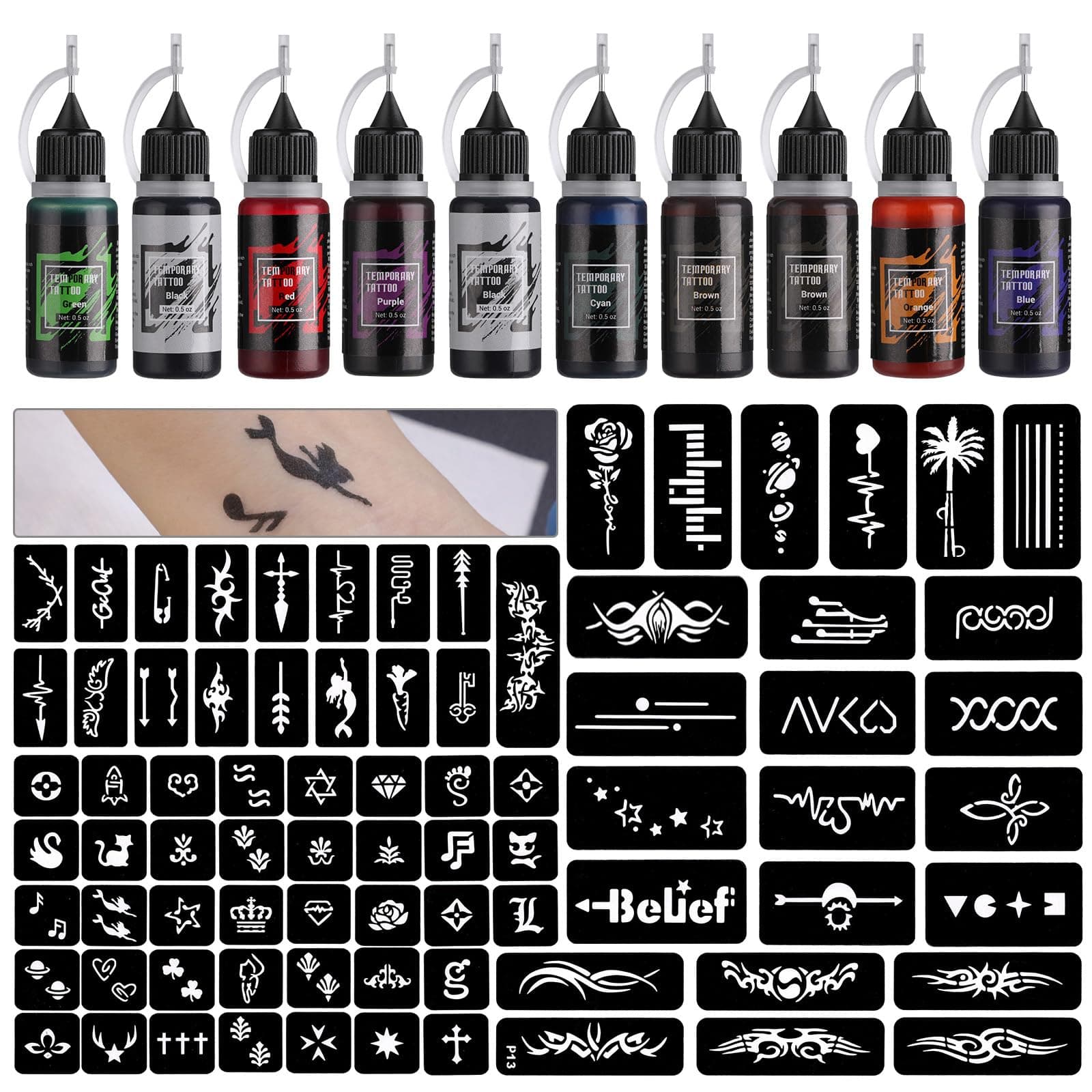 STIGMA Temporary Tattoo Kit 10 Bottles Color Inks, 84 Pcs Stencils Kit for Body Paint DIY Tattoos Temp, 8 Colors DIY Fake Tattoo for Women Kids
