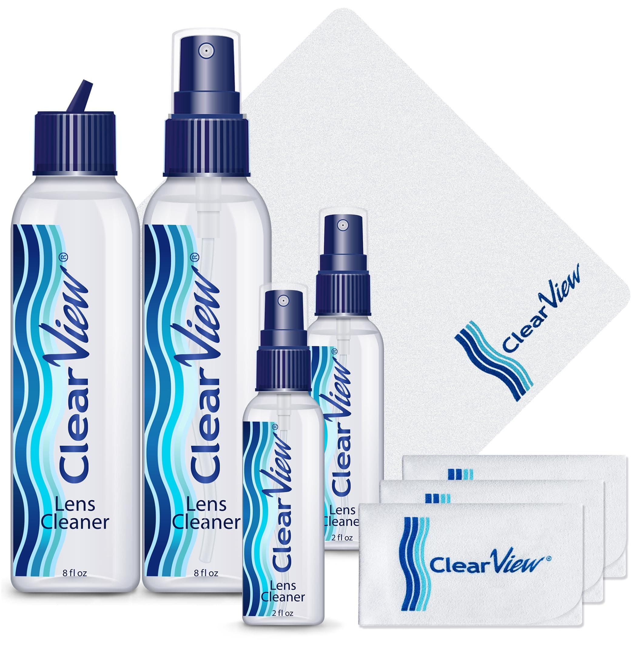 Lens Cleaner Kit | Includes 1 Flip-Top Refill Bottle (8 oz), 2 Spray Bottles (2 oz) and 4 Microfiber Cloths | Safe on All Lenses | Scientifically Formulated