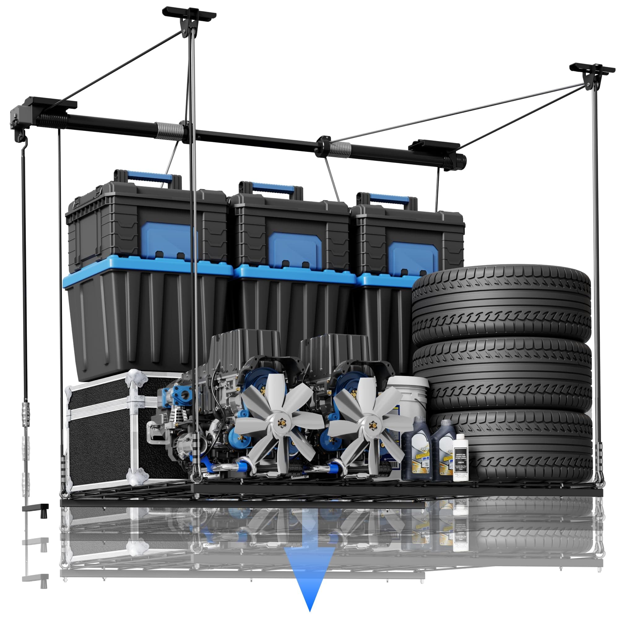 Fleximounts Gl1 Overhead Garage Lifting Storage Rack, 4X4 Ft Adjustable Ceiling Organization System, Heavy-Duty Metal Racks, 300Lbs Weight, Black