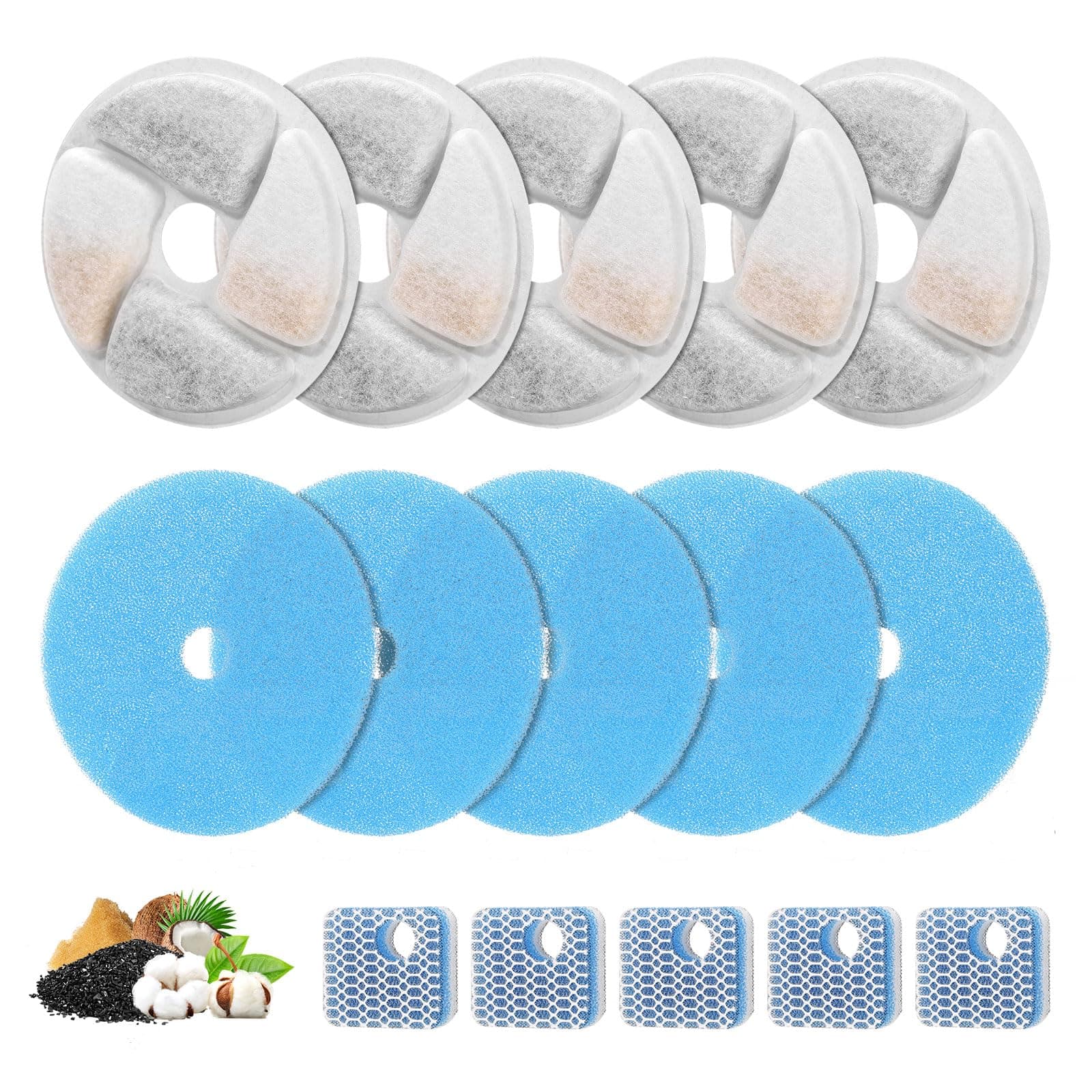 5 Set Cat Water Fountain Filter Replacement for Square 2.2L/73oz Stainless Steel Cat Fountain, ZEKIRY Pet Fountain Filter, Triple Filtration Replacement Filters(5 Filter, 5 Sponge, 5 8D Sponge)