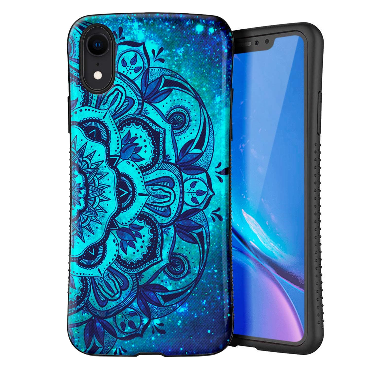 ZUSLAB S-Line for Apple iPhone XR Case 2021 with Soft Rubber Inner Shell and Rigid Hard PC Back, Mandala Flower, Shockproof Heavy Duty Protective Cover - Blue Mandala