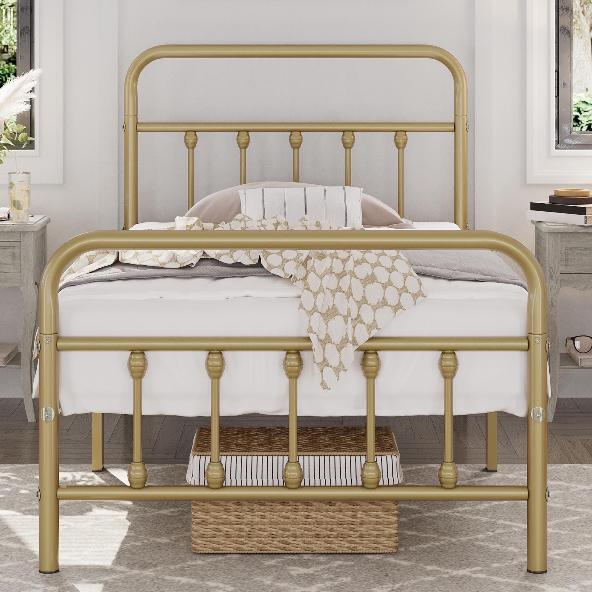 Yaheetech Classic Metal Platform Bed Frame Mattress Foundation with Victorian Style Iron-Art Headboard/Footboard/Under Bed Storage/No Box Spring Needed/Twin XL Size Antique Gold
