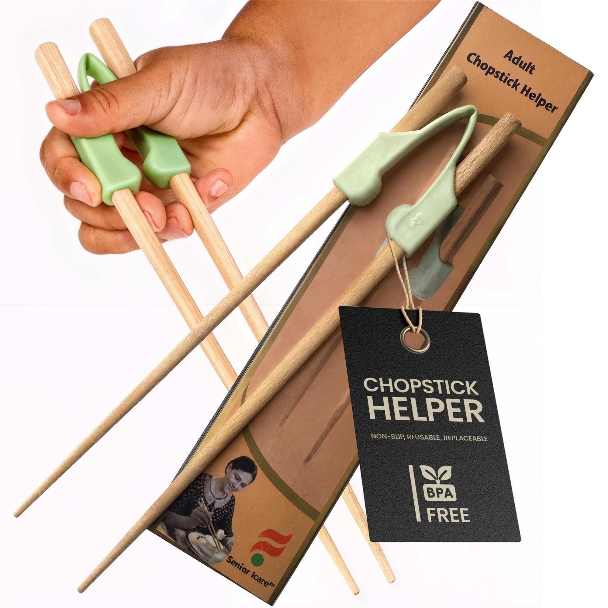 Senior ICare Chopstick Helper - Training Chopsticks for Adults, Beginners, Trainers or Learners, Right or Left Handed - Non-Slip, Reusable, Replaceable