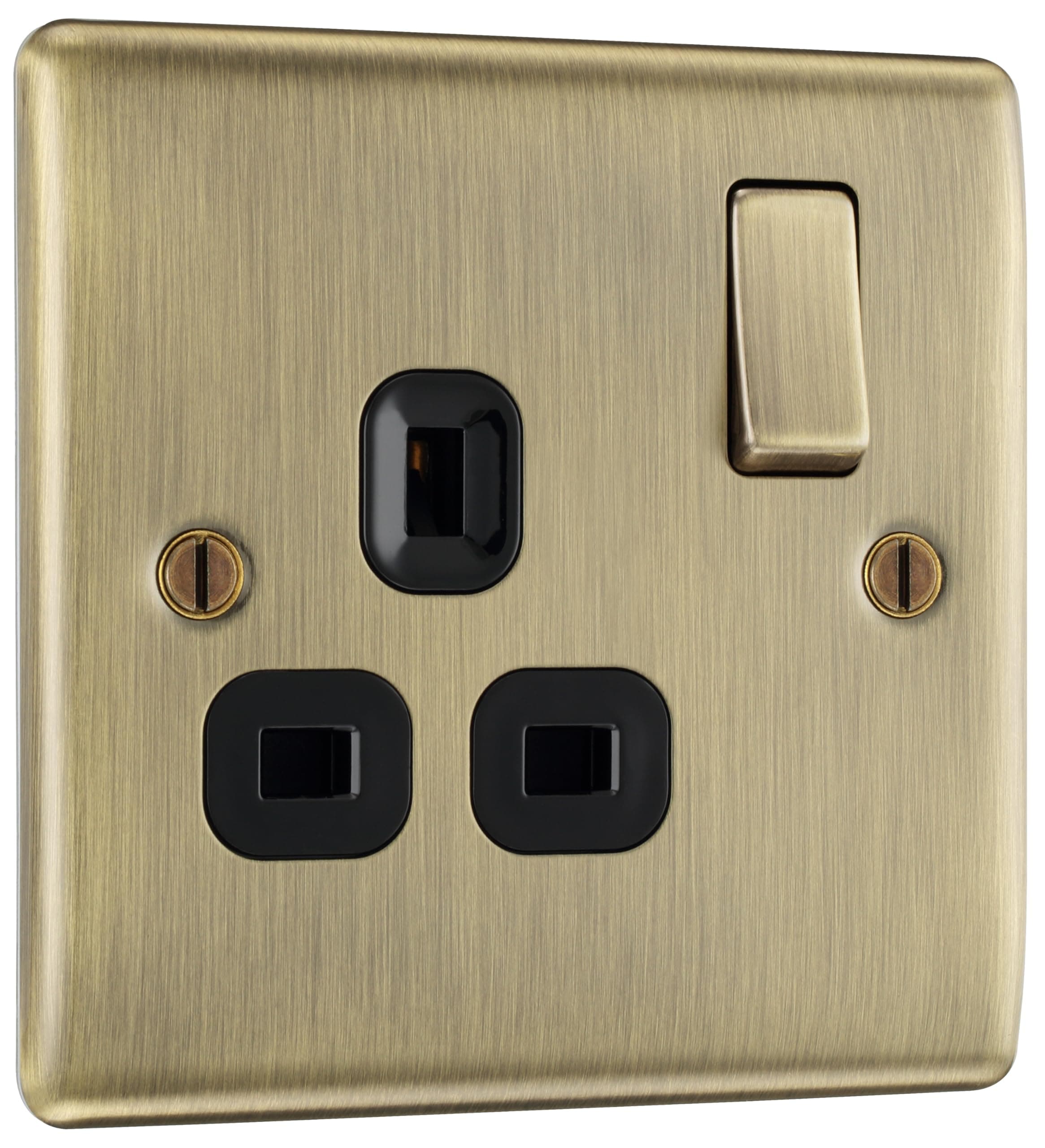 BG Electrical Single Switched Power Plug Wall Socket, Raised and Slim Profile, Round Edges, Nexus Metal, Antique Brass, Black Inserts, 13A, NAB21B