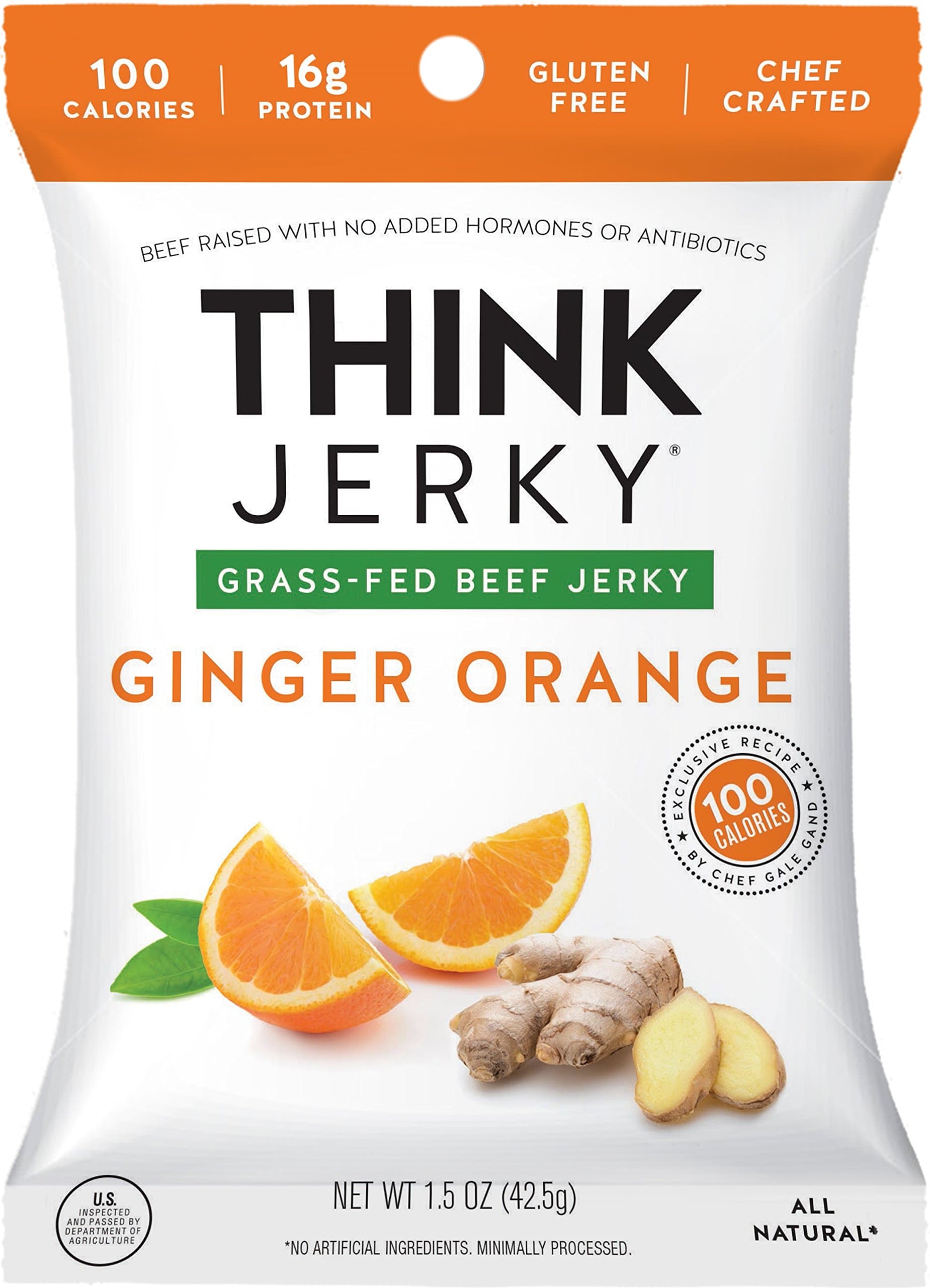 Think Jerky, Ginger Orange Beef Jerky (1.5 Ounce Bags, Pack of 5 Bags) - Chef Crafted Jerky, Grass-Fed Beef, Gluten Free, No Antibiotics/Nitrates - Healthy Protein Snack, Low Calorie, Low Fat