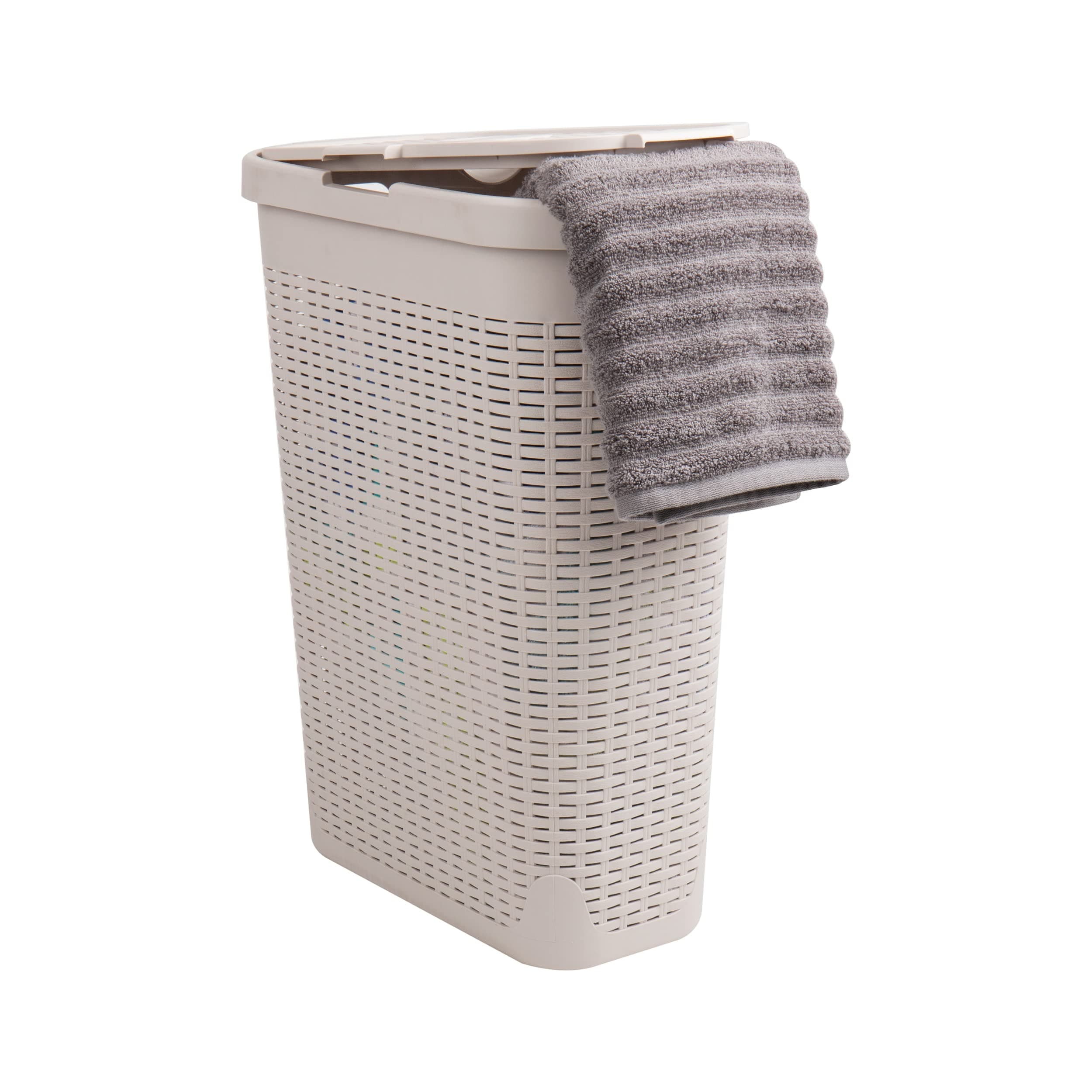 Mind Reader 40L Slim Laundry Hamper, Clothes Basket, Lid, Wicker Design, Plastic, 18"L x 10.4"W x 23.5"H, Ivory