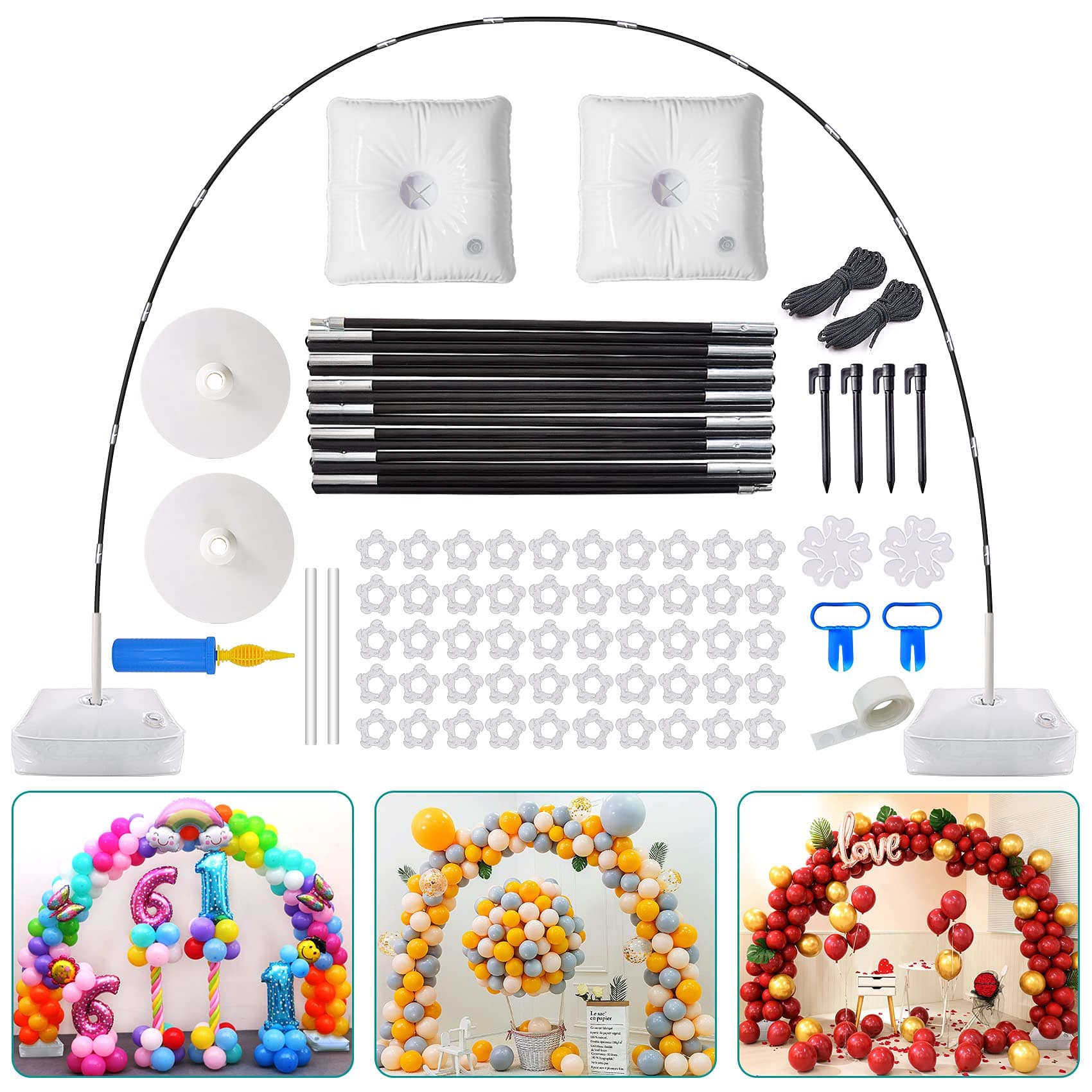 Balloon Arch Kit, 9FT Tall &10Ft Wide Adjustable Plastic Balloon Column Stands Set with Water Fillable Bases and Water Bag 50 Balloon Clips,1 Manual Pump,2 Knotter, Dot Glue,2 Flower Clips...