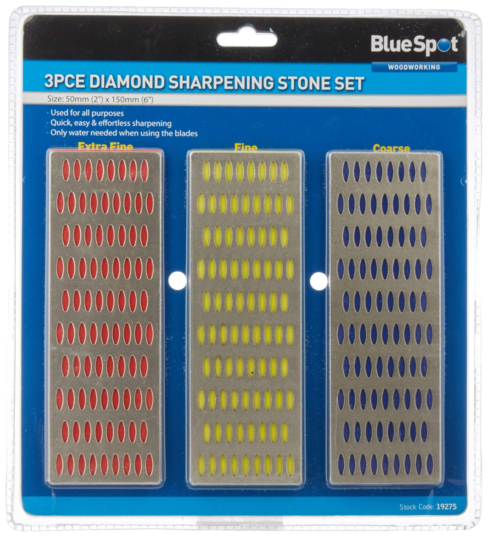Blue Spot Tools Diamond Sharpening Whetstone Set, 3-Piece (Extra Fine, Fine, Coarse Grit, 6 x 2-Inch, Blue)