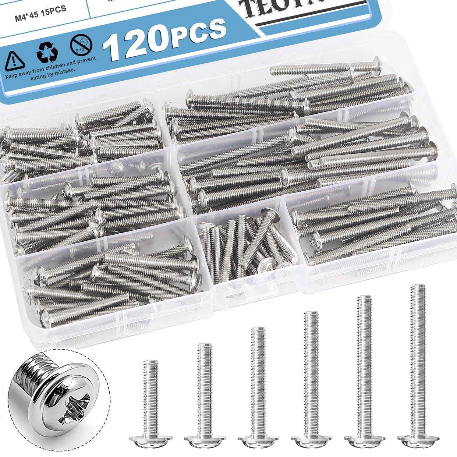 120PCS Cabinet Pulls Knobs Screws,M4 Machine Screws Assortment, M4×25/30/35/40/45/50mm Pan Washer Head Metal Phillips Screws Kit for Kitchen,Bathroom,Furniture Handles Install