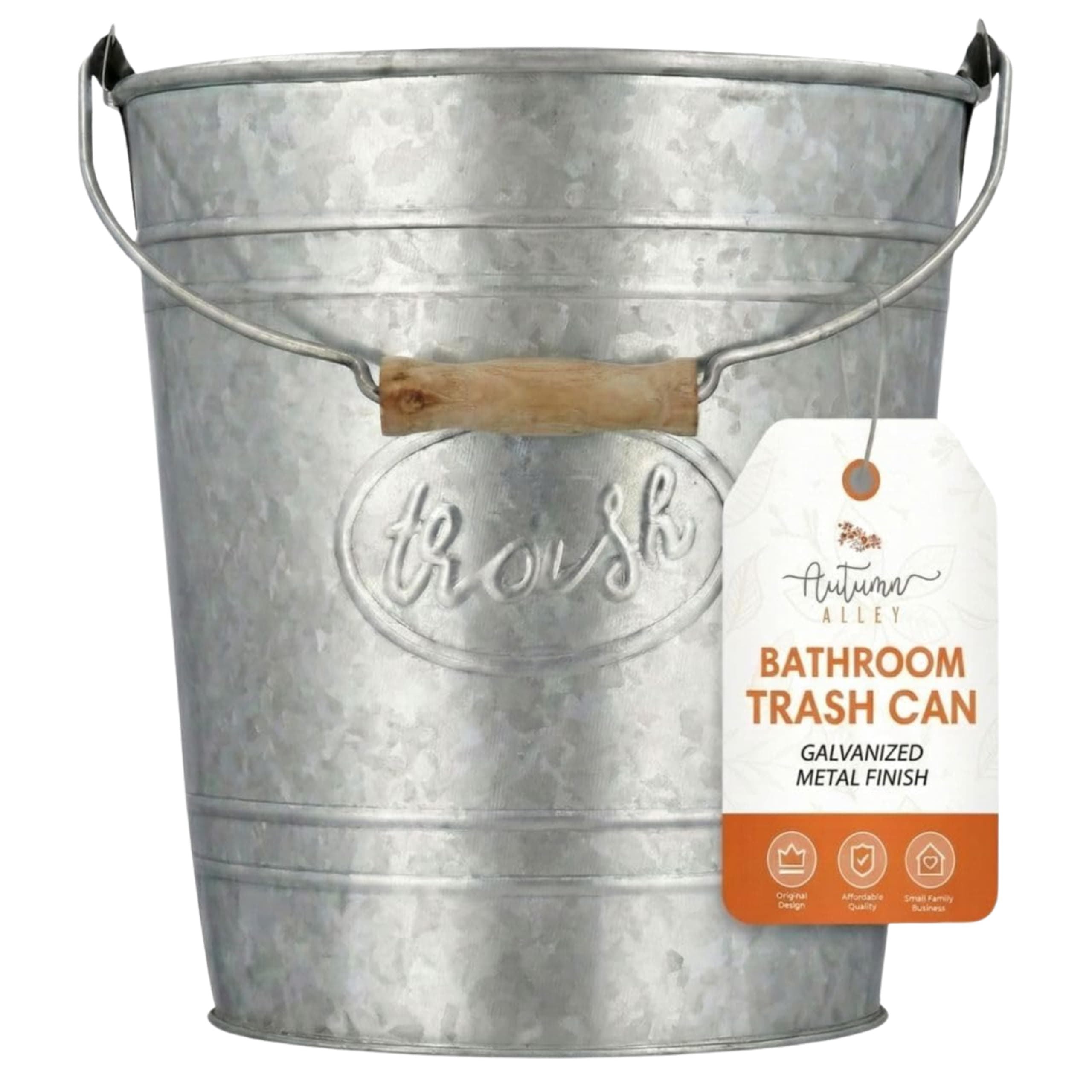 Autumn Alley Rustic Farmhouse Bathroom Trash Can - Country Style Galvanized Trash Can Bucket with Wooden Handle for Rustic Bathroom, Bedroom, Kitchen, Office, Vintage Metal Wastebasket, 2 Gal.