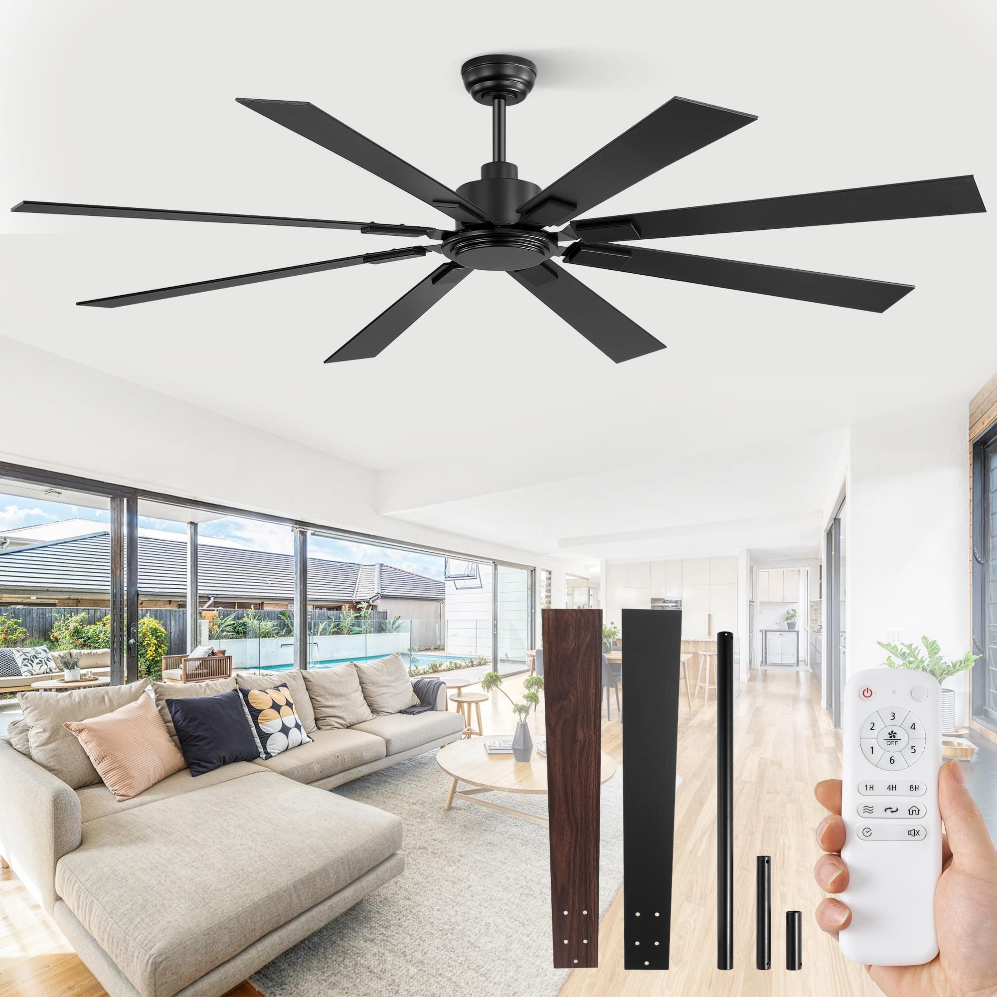 72 Inch Ceiling Fan No Light with Remote Control, 8 Blades Quiet DC Reversible Motor, 6-Speed, Timer, Black Finish, Indoor Outdoor Ceiling Fans for Patios, Living Room, Garage
